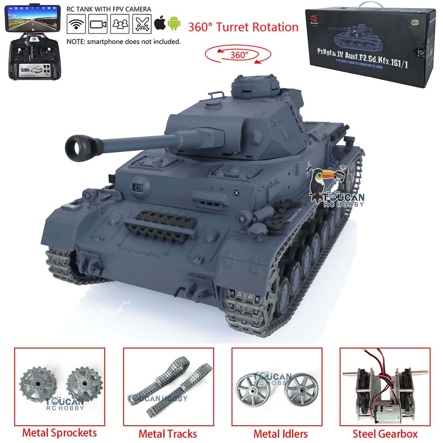 Henglong 1/16 TK7.0 Upgraded Panzer IV F2 Radio Control Tank 3859 w/ FPV 360 Degrees Rotating Turret Metal Idler Sprocket Engine Sound