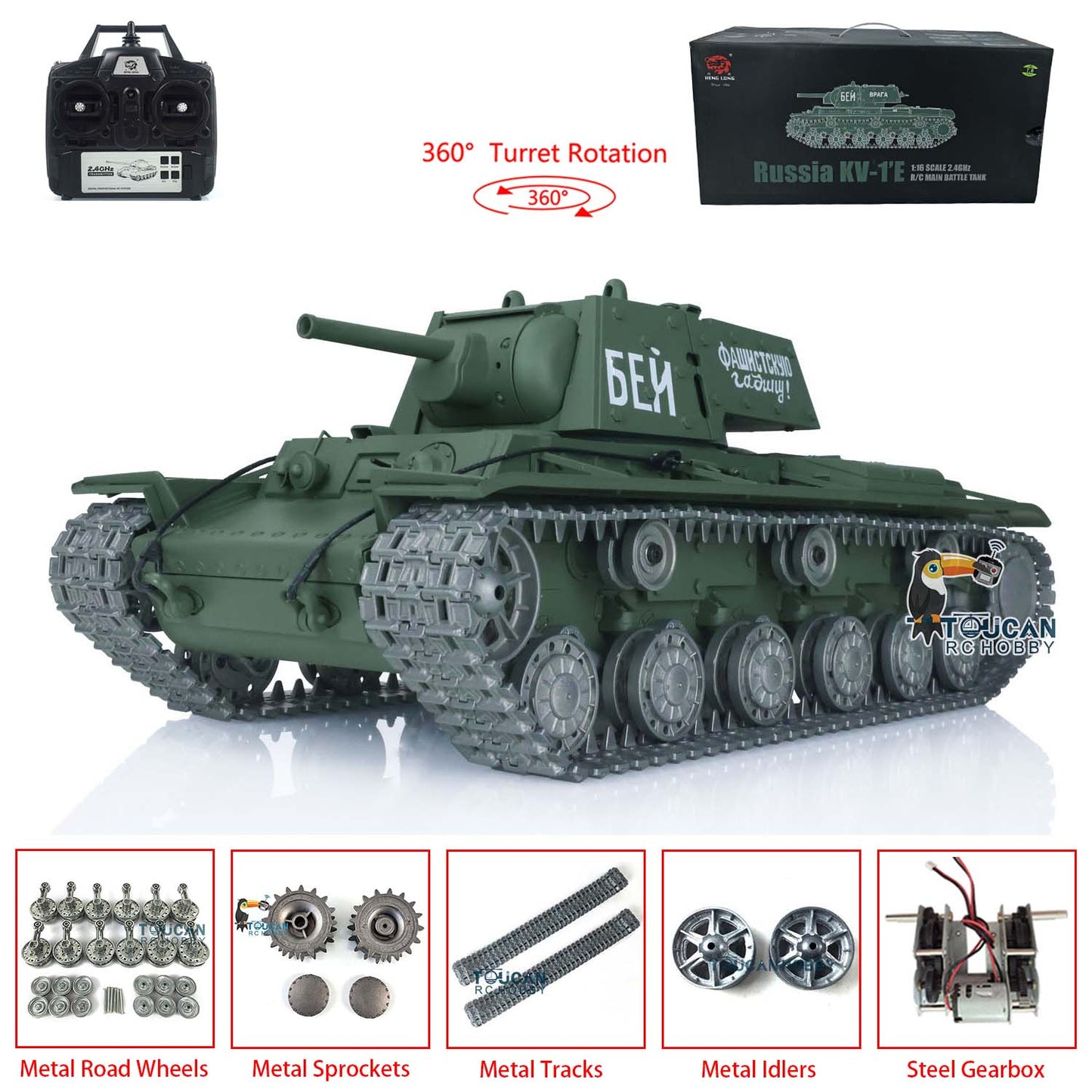 Henglong 1/16 TK7.0 RC Tank 3878 Customized Soviet KV-1 w/ 360 Degrees Rotating Turret Metal Tracks Road Wheels Tracks Sprocket Wheel