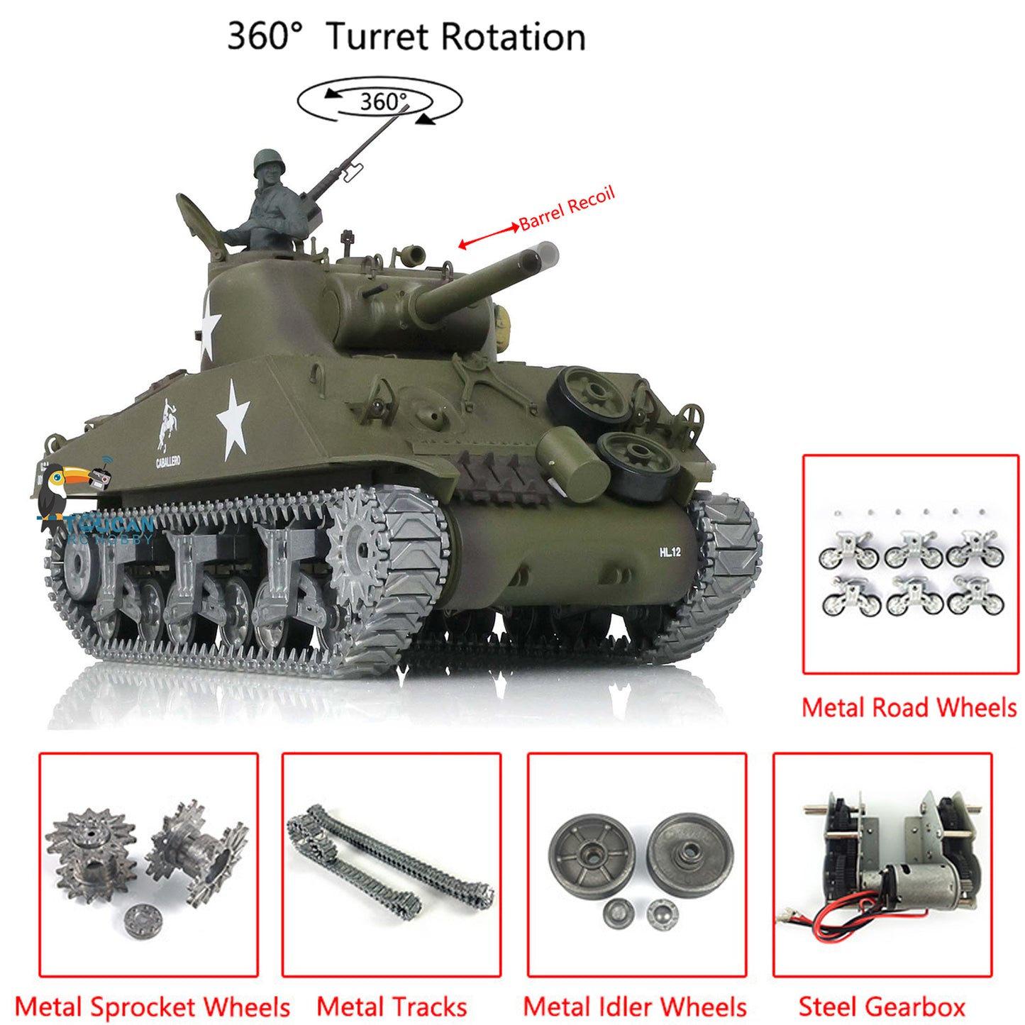 Henglong 1/16 Customized RC Tank Model TK7.0 M4A3 Sherman Remote Control Tank Model 3898 360 Degrees Rotating Turret Metal Road Wheels