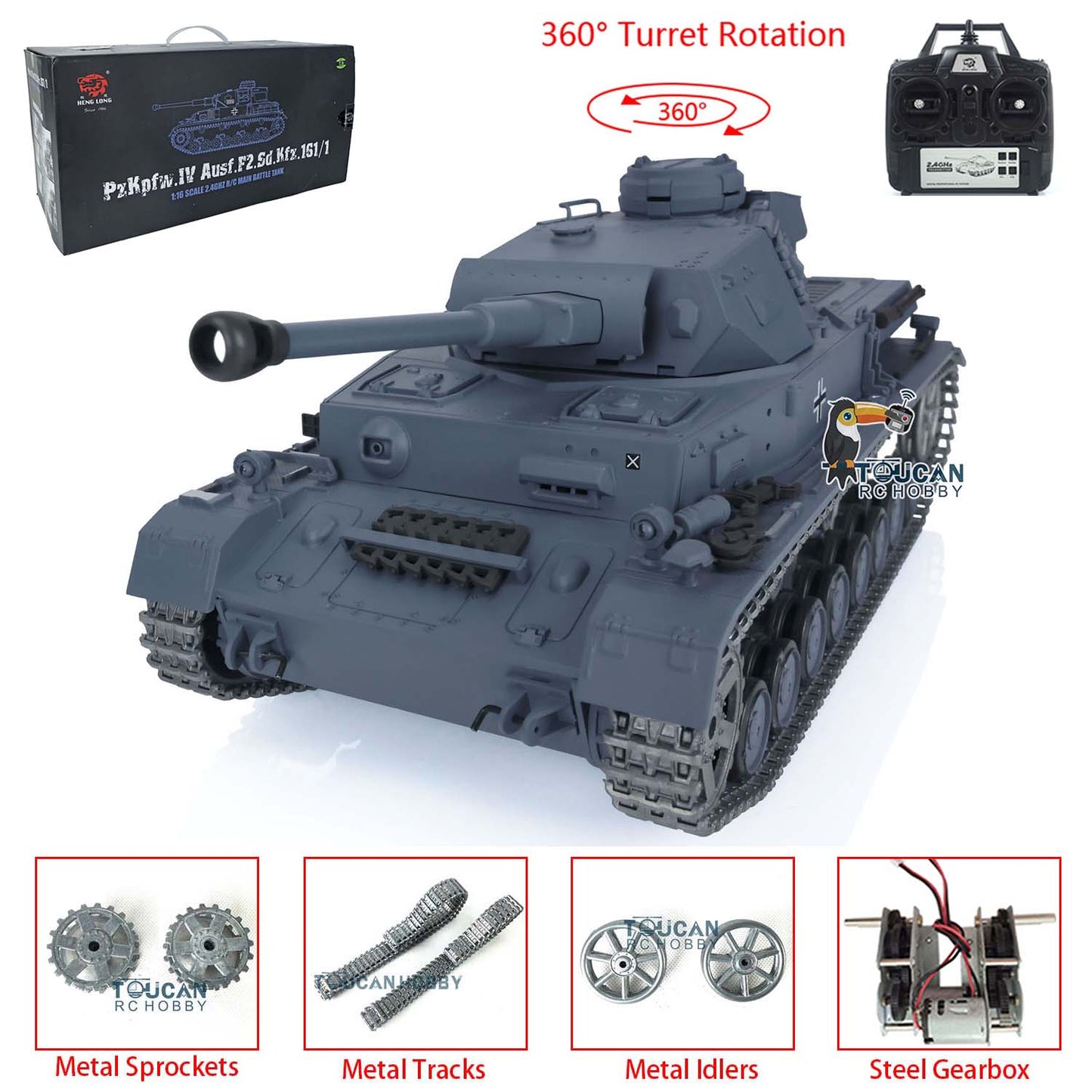 Henglong 1/16 RC Tank 3859 TK7.0 German Panzer IV F2 Radio Control Tank w/ 360 Degrees Rotating Turret Metal Idler Sprocket Wheels