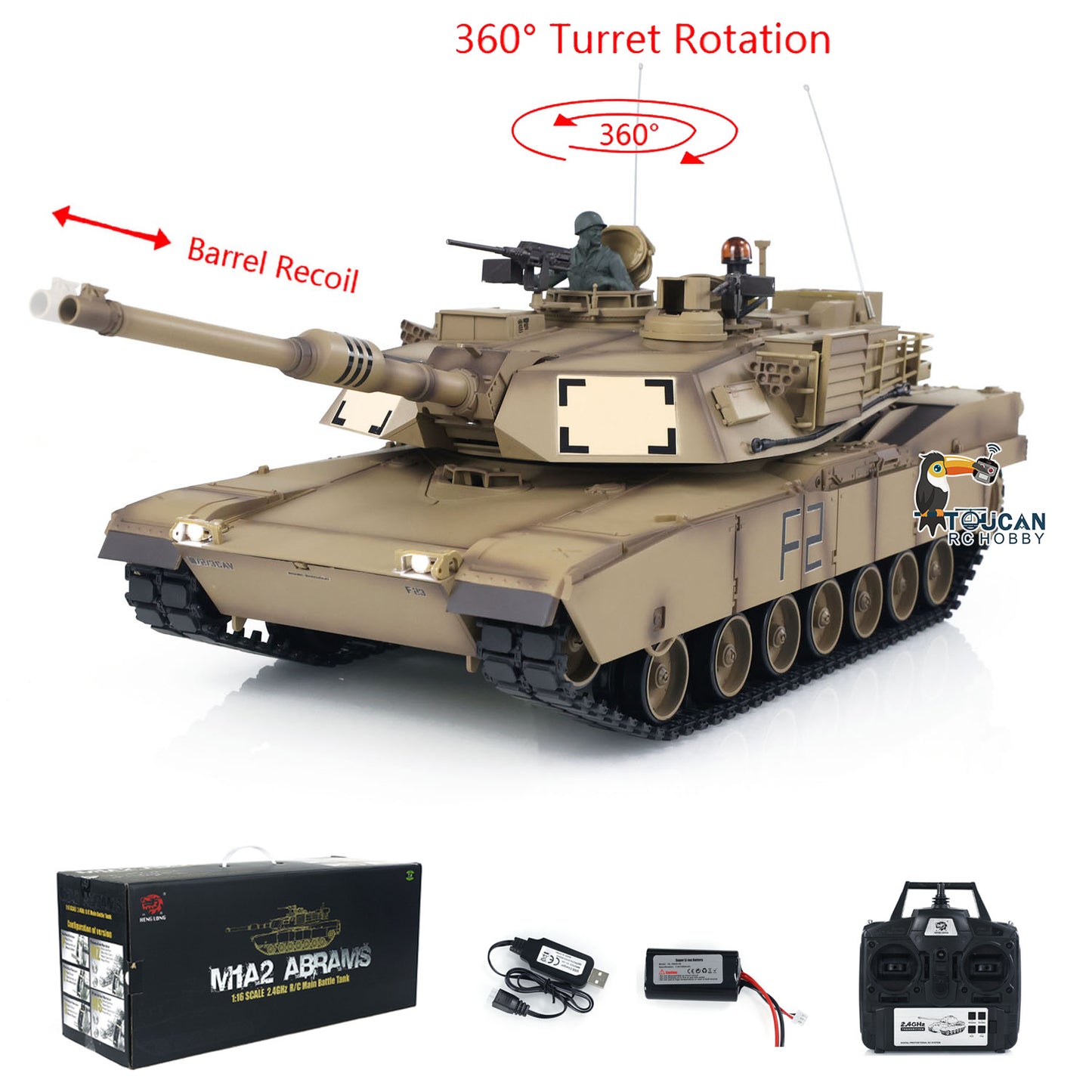 Henglong 1:16 7.0 USA M1A2 Abrams RC Battle Tank 3918 RTR Model 360 Degrees Turret Barrel Recoil Plastic Upper Hull Tracks Wheels