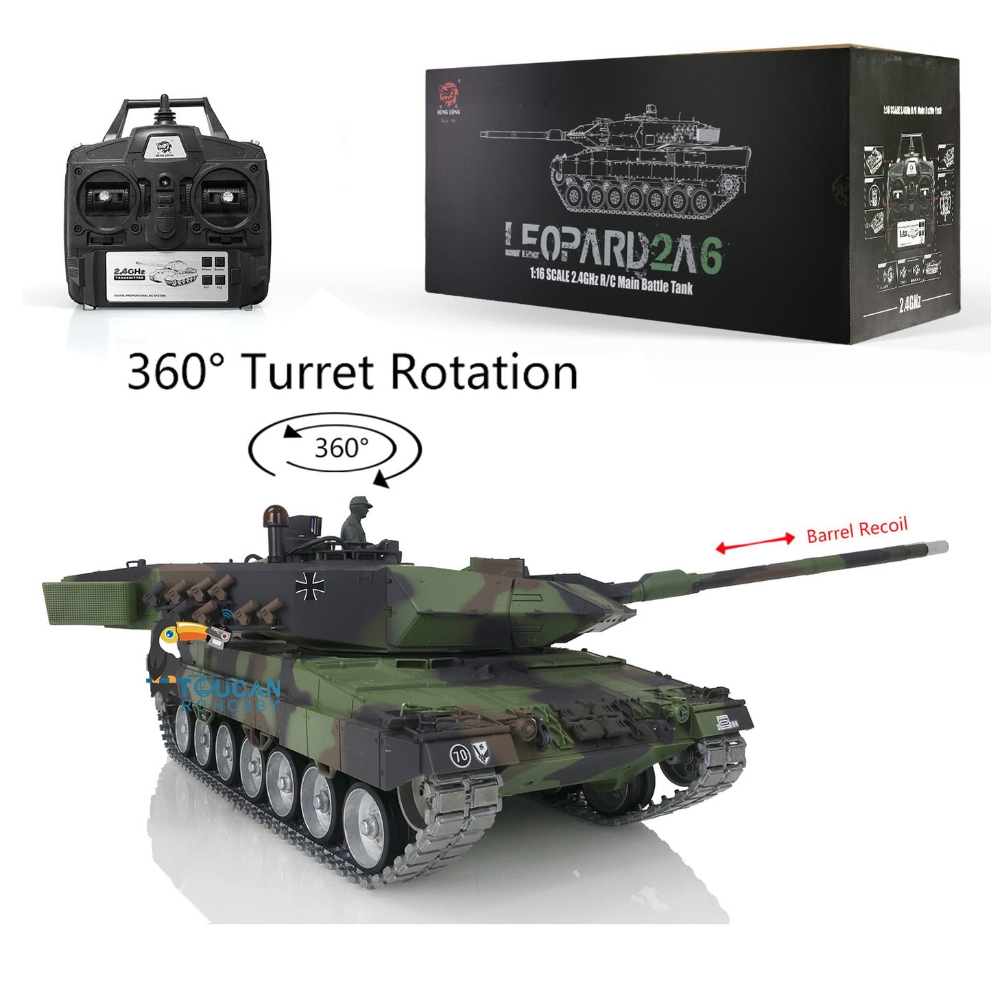 Henglong 1/16 TK7.0 Customized Leopard2A6 RC Tank Model 3889 w/ Metal Tracks Road Wheels 360 Degrees Rotating Turret Engine Sound