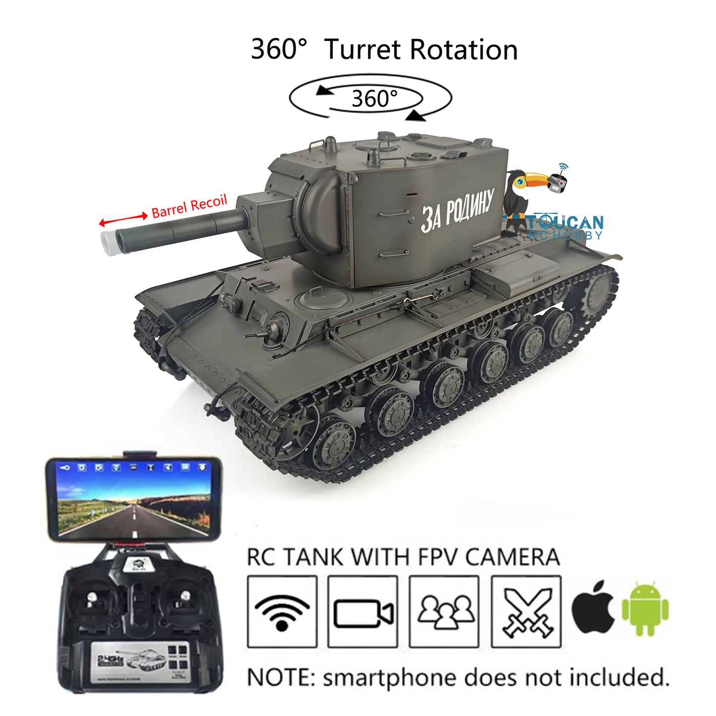 Henglong 1/16 Soviet KV-2 RTR RC Tank Model Gigant TK7.0 FPV 3949 360 Degrees Turret Steel Driving Gearbox Battery Transmitter