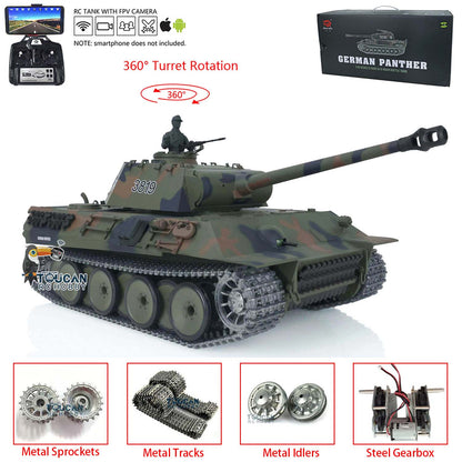 Henglong 1/16 TK7.0 Upgraded German Panther RTR RC Tank Model 3819 w/ FPV 360 Degrees Rotating Turret Metal Tracks Engine Sound