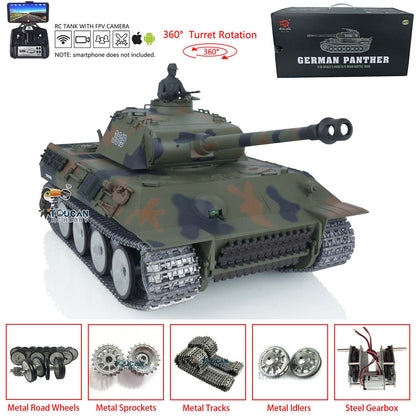 Henglong 1/16 TK7.0 RC Tank Model Panther 3819 w/ FPV 360 Degrees Rotating Turret Metal Tracks Road Wheels Engine Sound Smoking