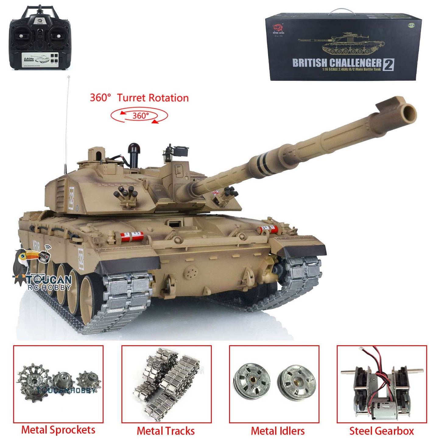 Henglong 1:16 British Challenger II RC Tank 3908 RTR TK7.0 W/ 360 Degrees Turret Speaker Smoke Unit Metal Tracks Steel Gearbox