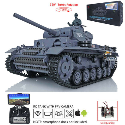 Henglong 1/16 RC Tank Model TK7.0 Plastic Panzer III L 3848 Remote Control Tank Model w/ 360 Degrees Rotating Turret FPV Smoking