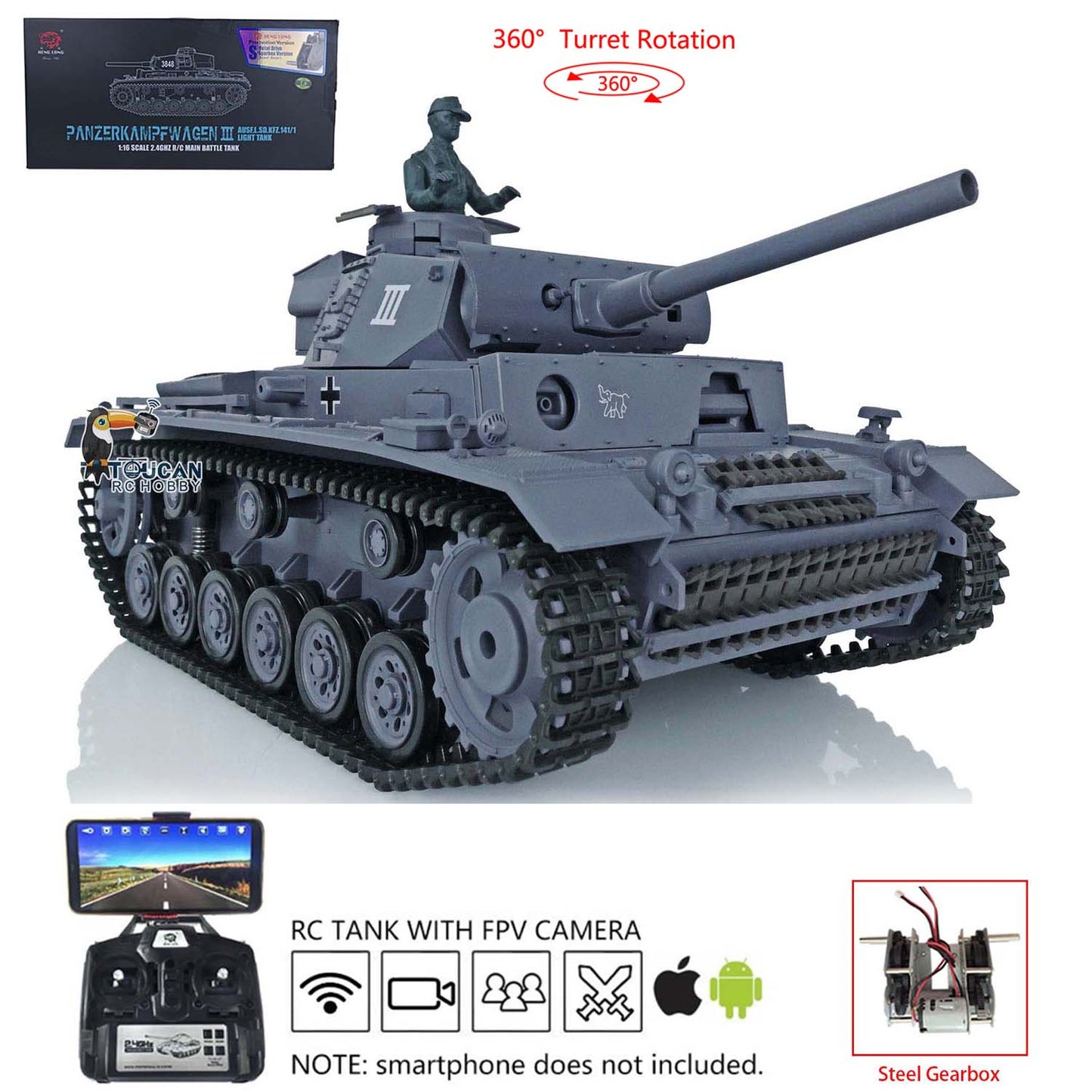 Henglong 1/16 RC Tank Model TK7.0 Plastic Panzer III L 3848 Remote Control Tank Model w/ 360 Degrees Rotating Turret FPV Smoking