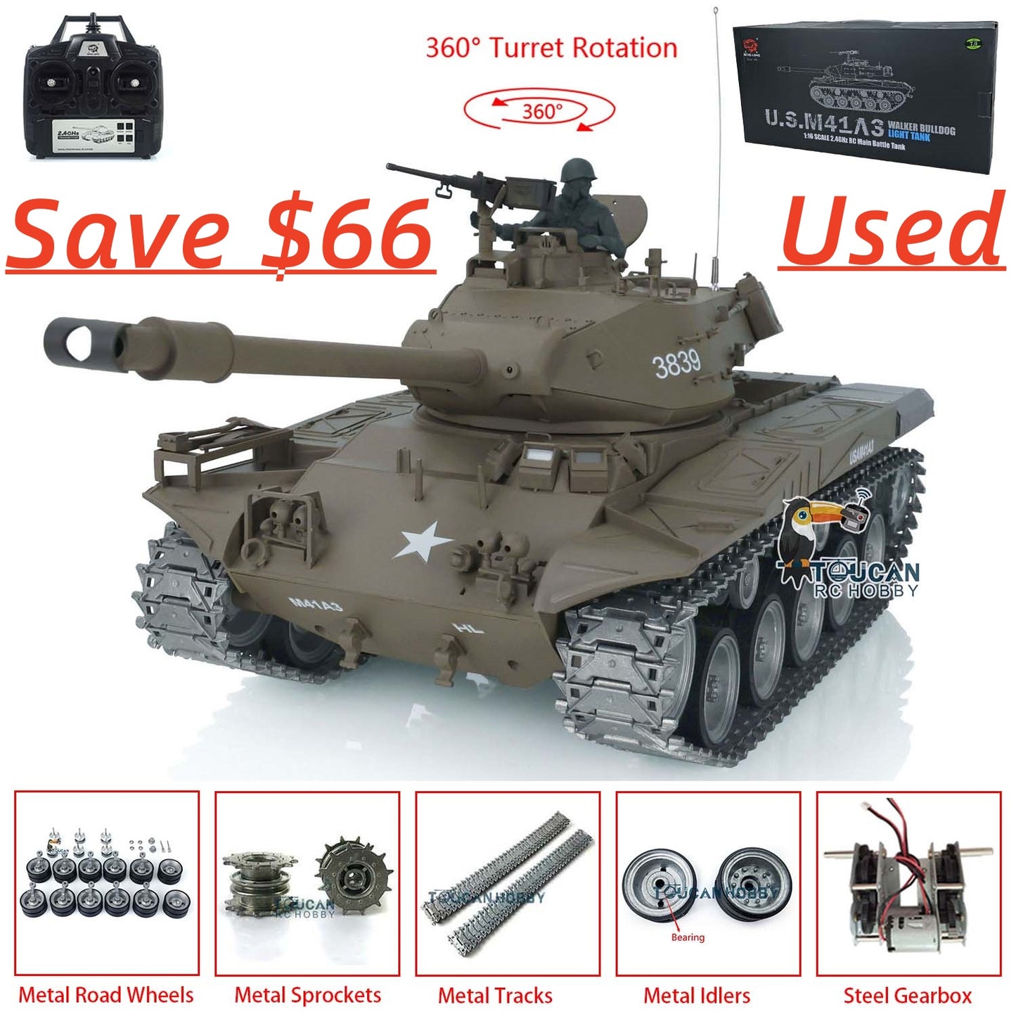 US Stock Second-Hand Used Henglong Metal Tracks Wheels 1/16 7.0 Customized Walker Bulldog RTR RC Tank Remote Control Armored 3839