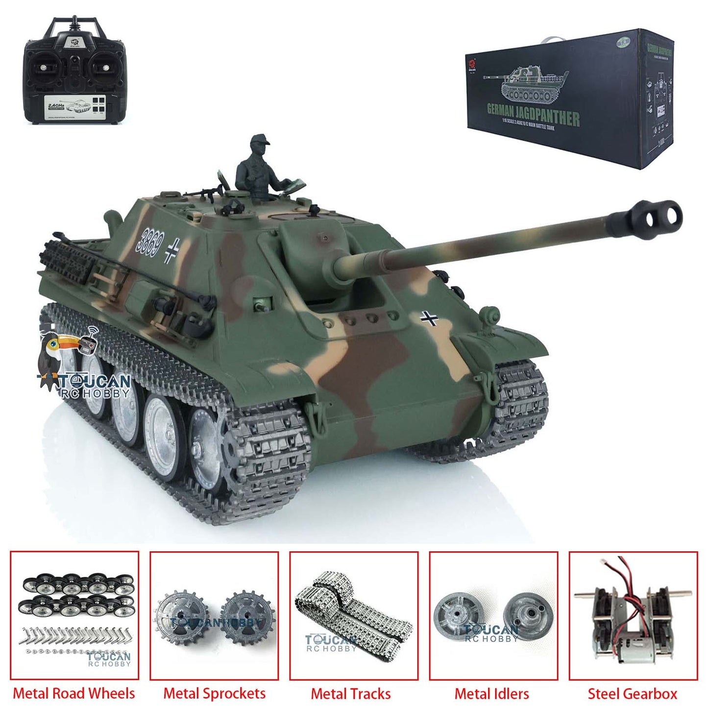 Henglong 1/16 TK7.0 Customized Radio Control Tank 3869 Jadpanther RTR RC Tank w/ Metal Road Wheel Tracks Idler Sprocket Wheel Smoking