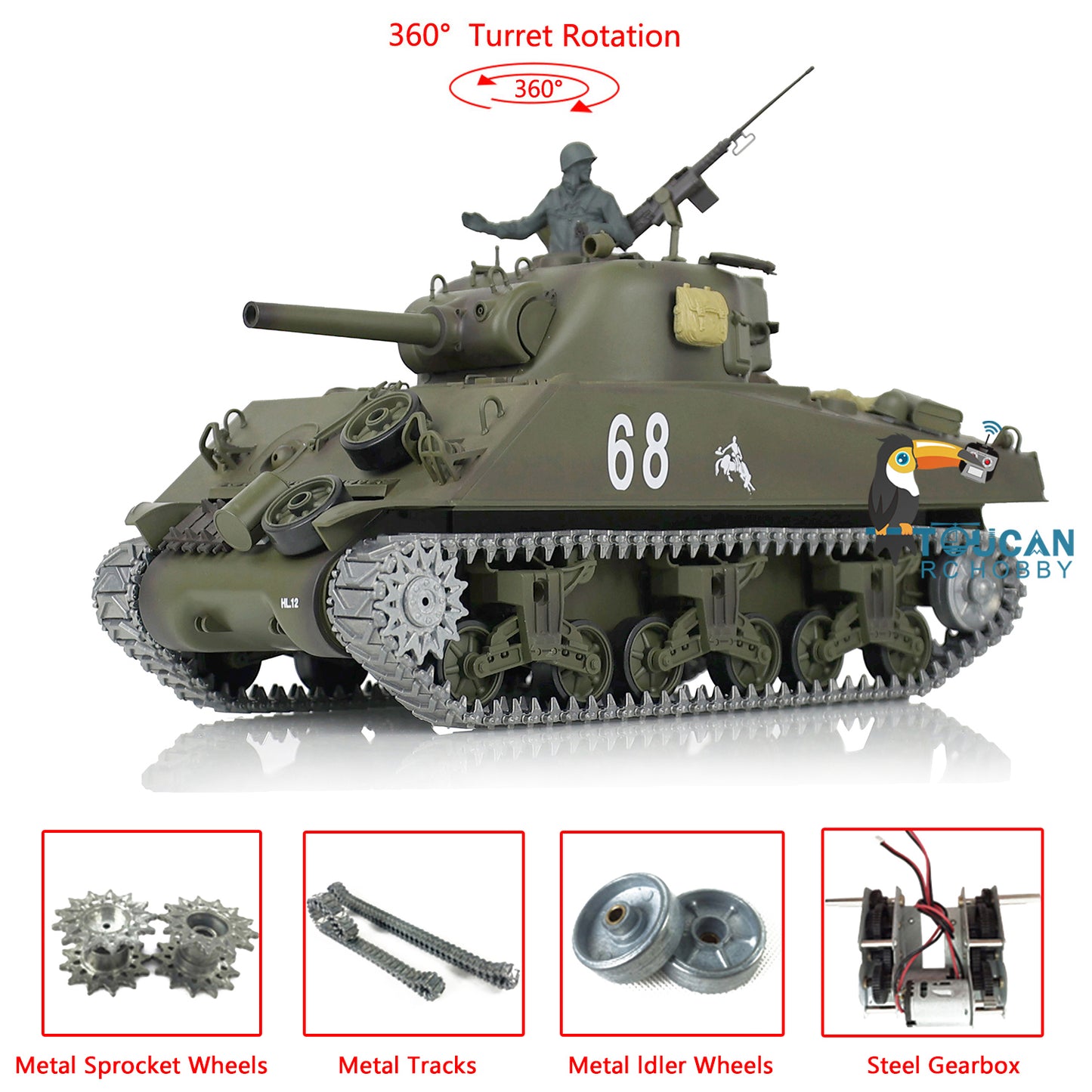 Henglong 1/16 TK7.0 Upgraded M4A3 Sherman Remote Control Tank 3898 W/ 360 Degrees Rotating Turret Metal Tracks Idler Sprocket Wheel