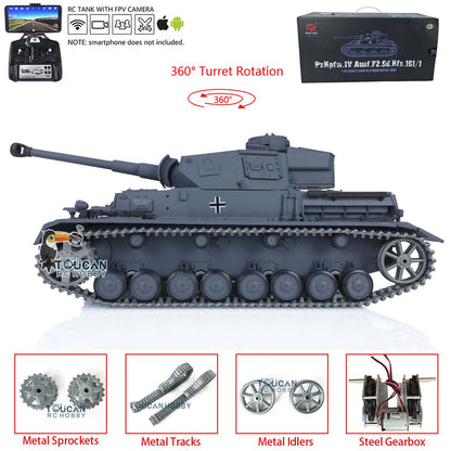 Henglong 1/16 TK7.0 Upgraded Panzer IV F2 Radio Control Tank 3859 w/ FPV 360 Degrees Rotating Turret Metal Idler Sprocket Engine Sound