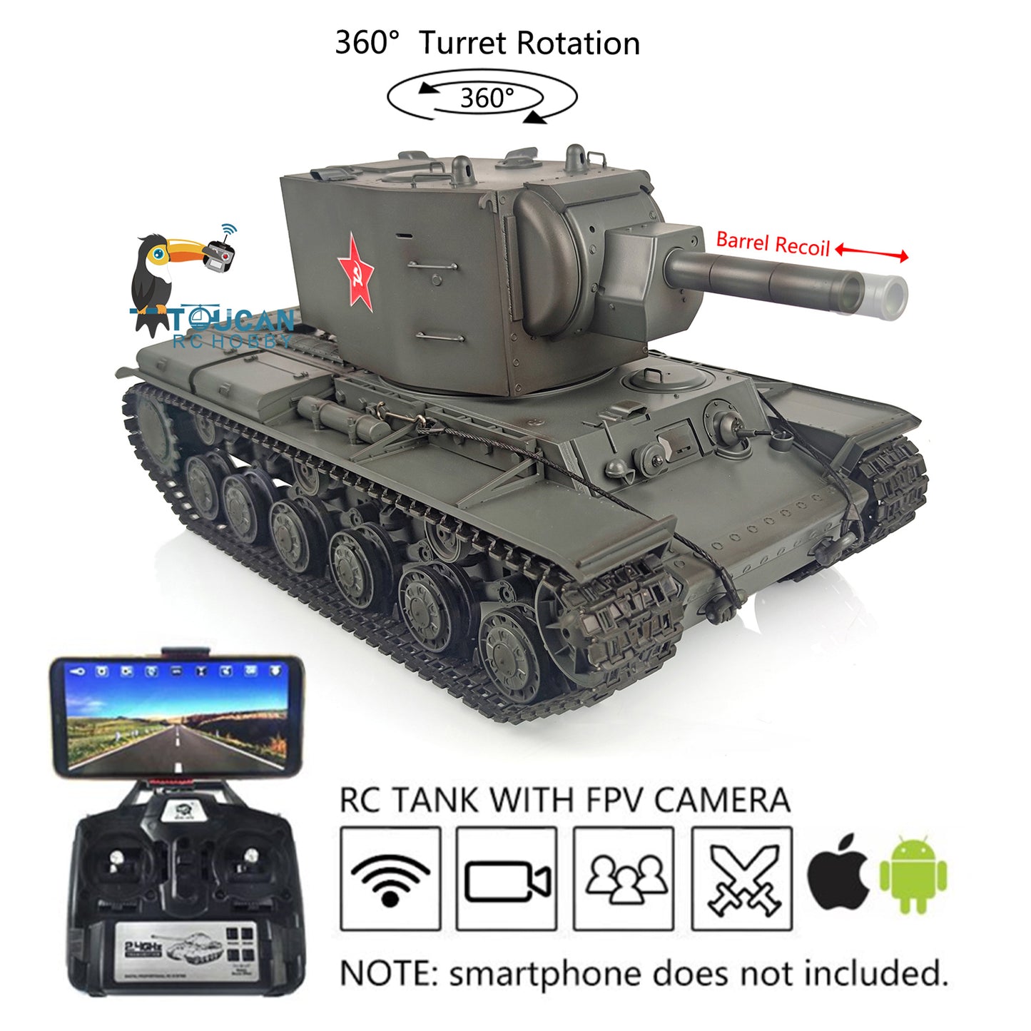 Henglong 1/16 Soviet KV-2 RTR RC Tank Model Gigant TK7.0 FPV 3949 360 Degrees Turret Steel Driving Gearbox Battery Transmitter