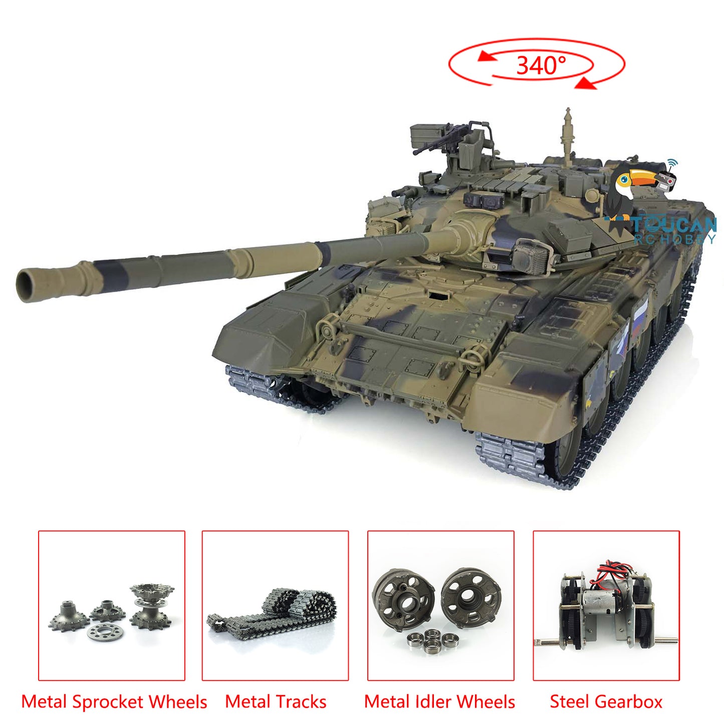 US Warehouse 2.4Ghz Henglong 1/16 Scale 7.0 Upgraded Russian T90 RTR RC Tank Model 3938 W/ Metal Tracks Idlers Sprockets