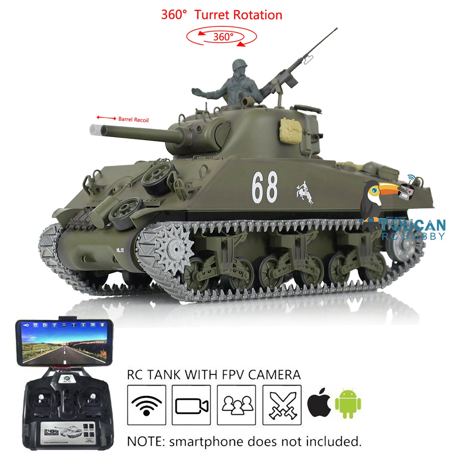 Henglong 1/16 FPV TK7.0 M4A3 Sherman RTR RC Tank Model 3898 w/ 360 Degrees Rotating Turret FPV Camera Metal Tracks Engine Sound