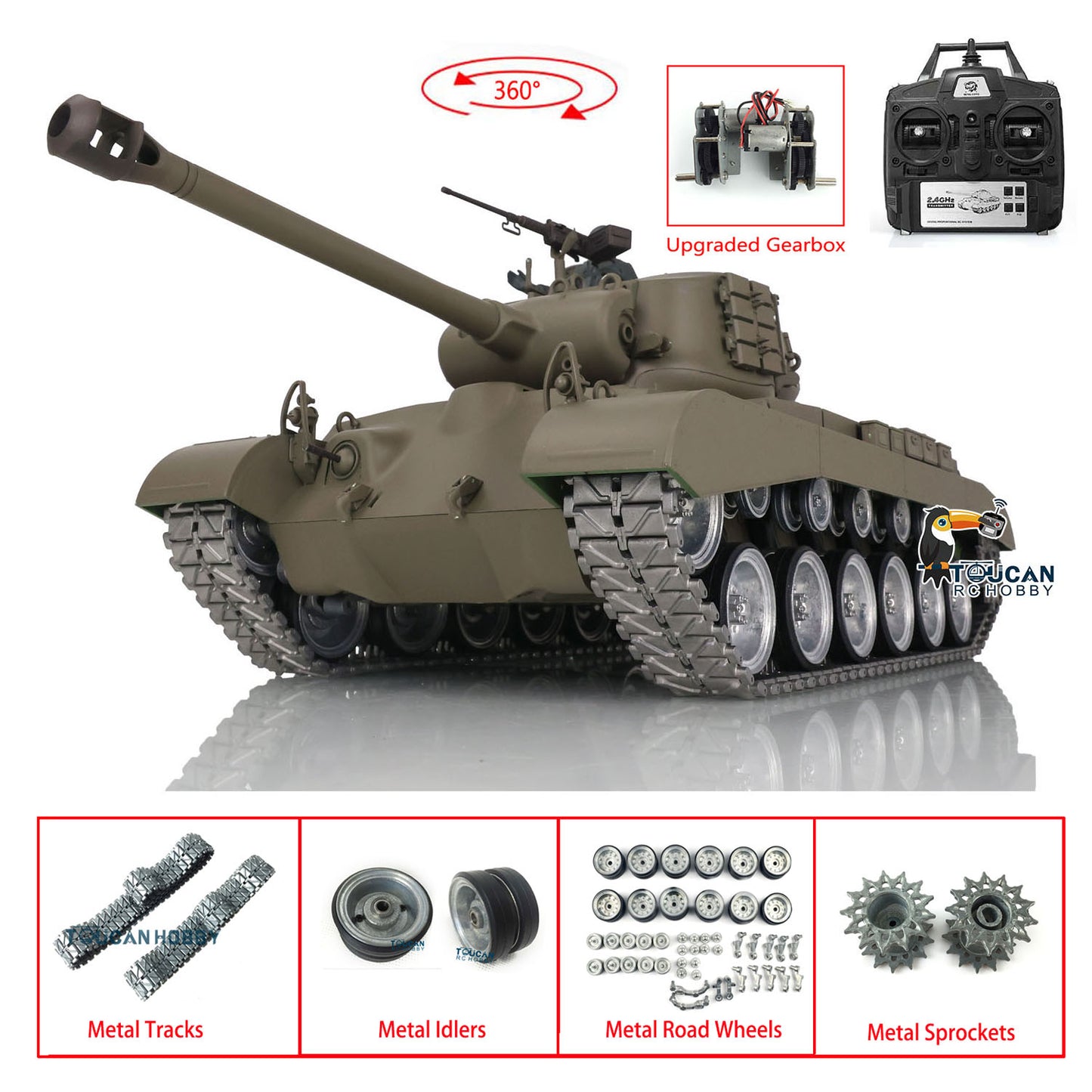 Henglong 1/16 TK7.0 Customized M26 Pershing RTR RC Tank 3838 w/ 360 Degrees Rotating Turret Metal Tracks Sprocket Road Wheels Smoking