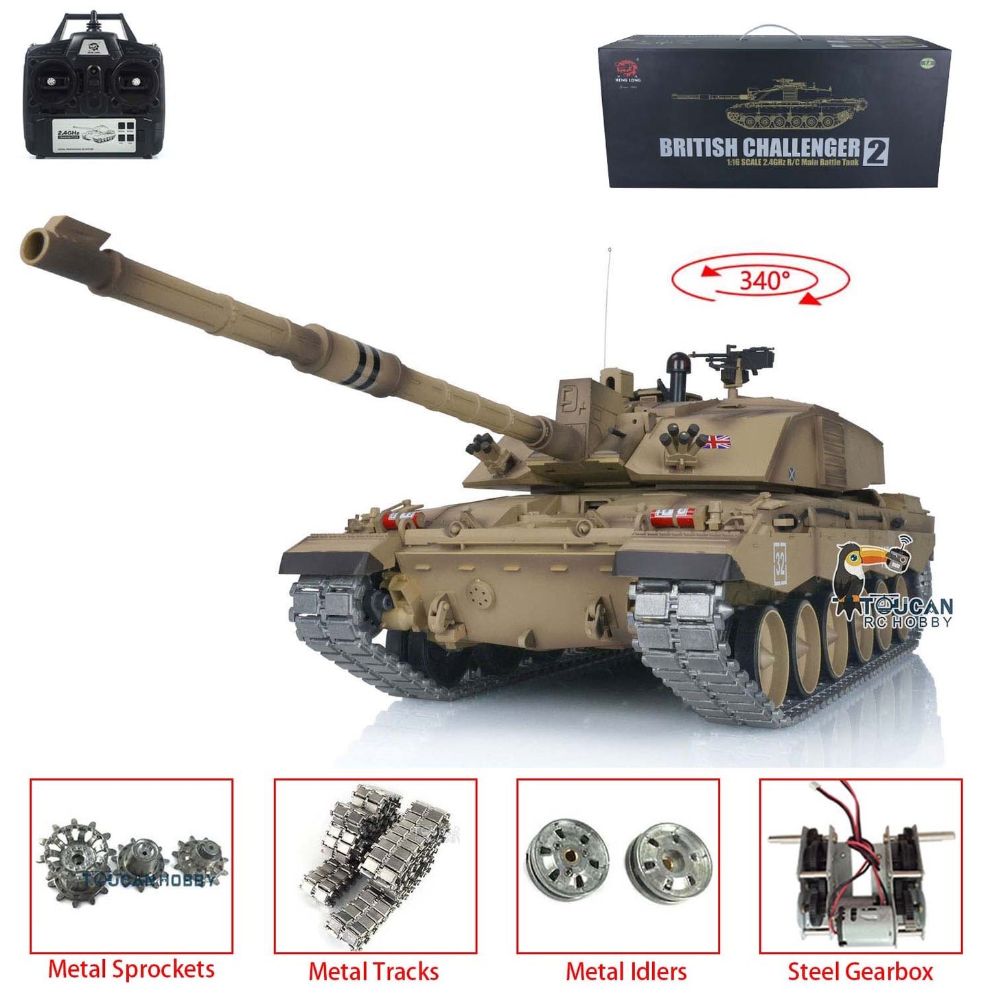 Henglong 1:16 7.0 2.4Ghz Upgrade Edition UK Challenger II RTR RC Tank Model 3908 BB Shooting Unit IR Metal Tracks Idlers Sprockets