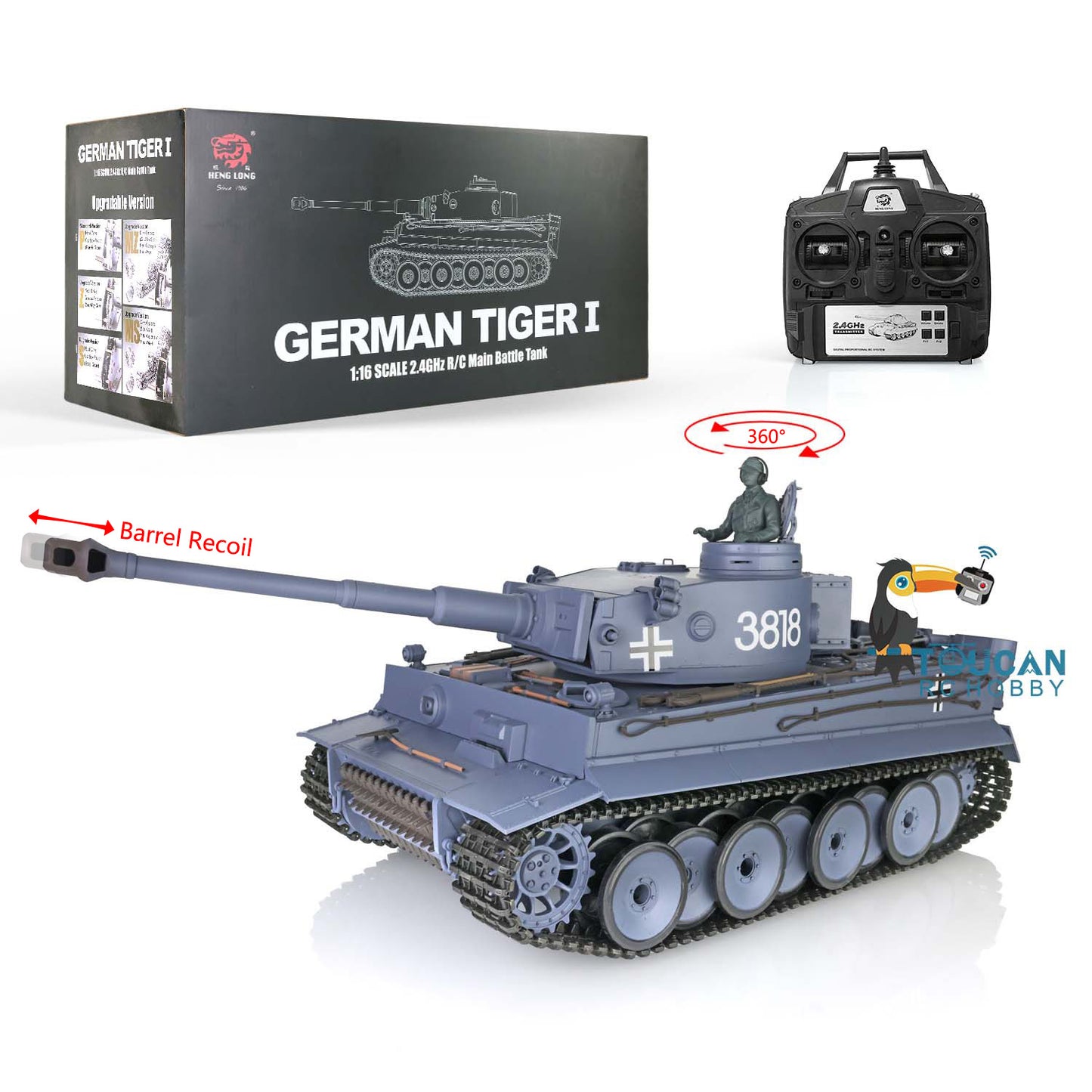 Henglong 1/16 TK7.0 Plastic Tiger I RC Tank Model 3818 w/ 360 Degrees Rotating Turret Barrel Recoil FPV Phone Holder Engine Sound