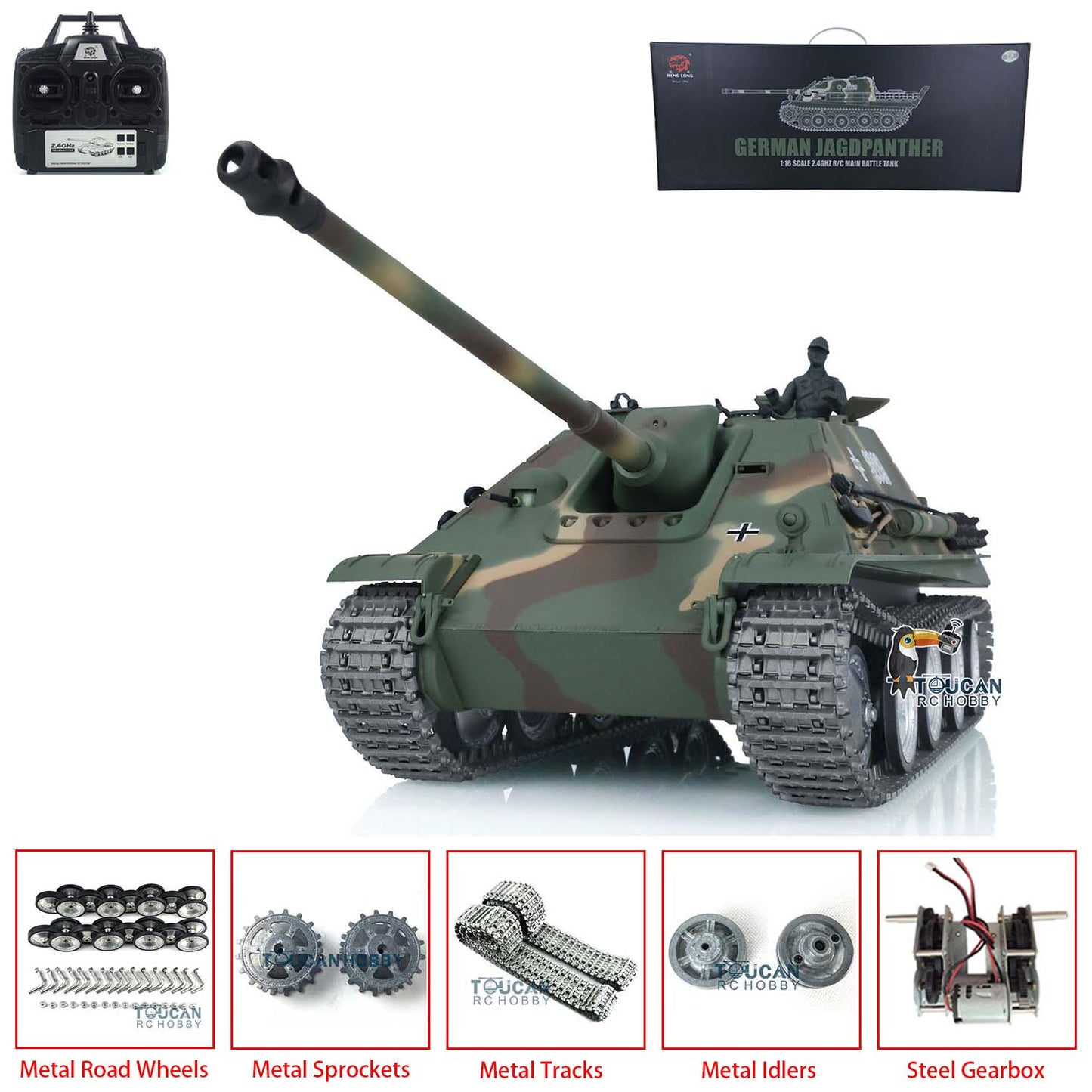 Henglong 1/16 TK7.0 Customized Radio Control Tank 3869 Jadpanther RTR RC Tank w/ Metal Road Wheel Tracks Idler Sprocket Wheel Smoking