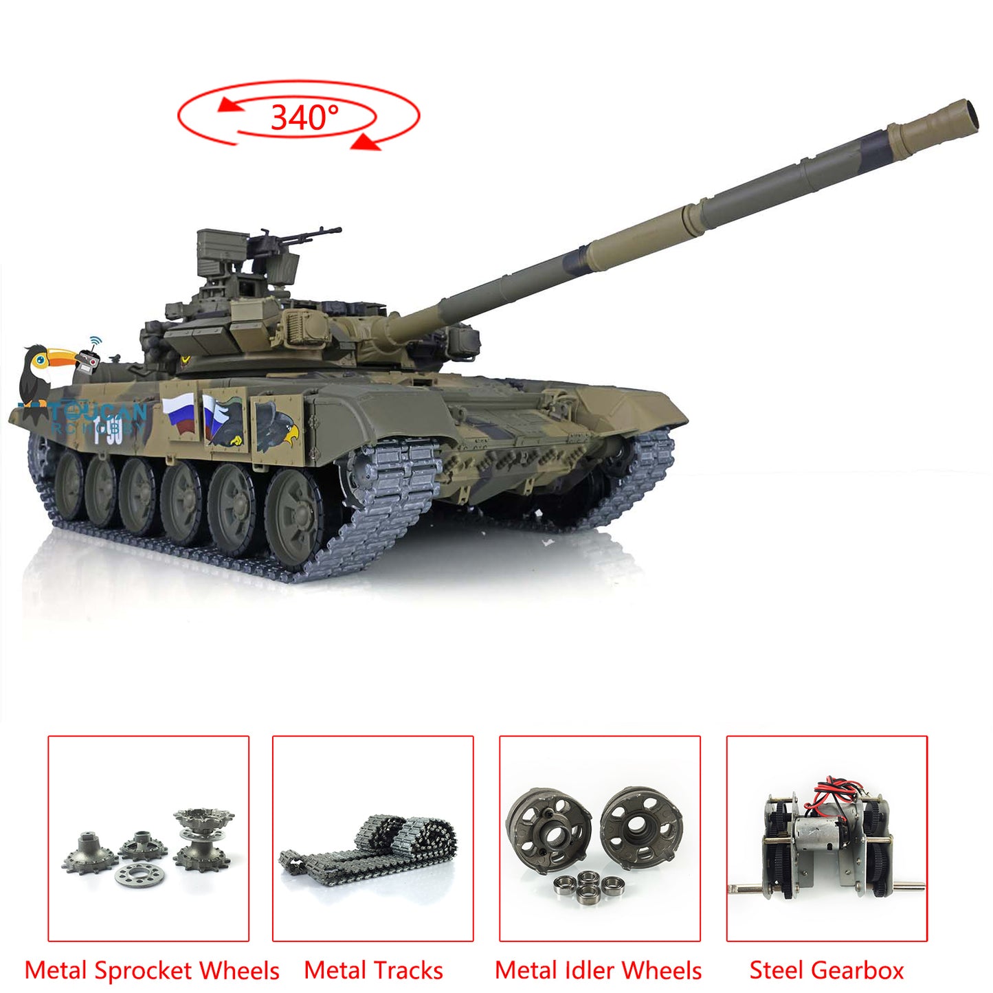 US Warehouse 2.4Ghz Henglong 1/16 Scale 7.0 Upgraded Russian T90 RTR RC Tank Model 3938 W/ Metal Tracks Idlers Sprockets