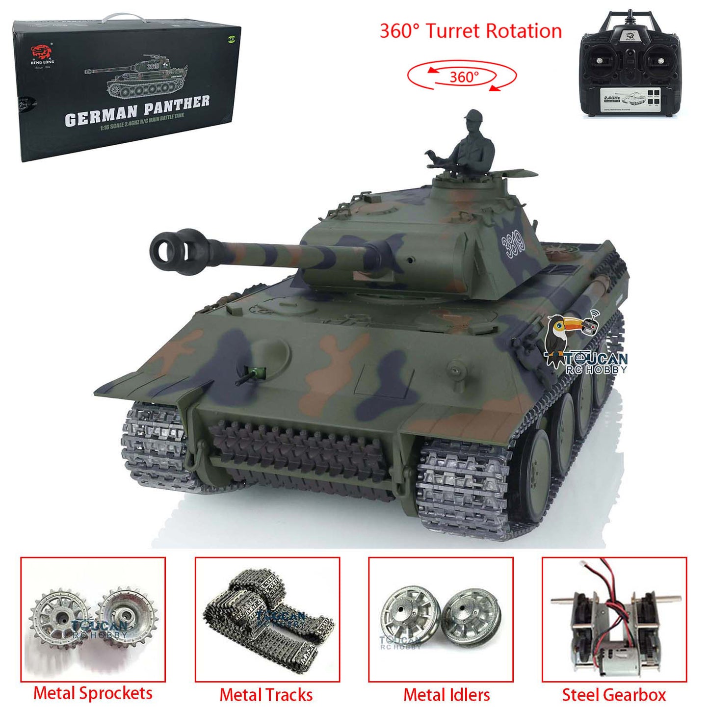 Henglong 1/16 Upgraded Radio Control Tank Model German Panther 3819 w/ 360 Degrees Rotating Turret Metal Sprocket Wheels Tracks