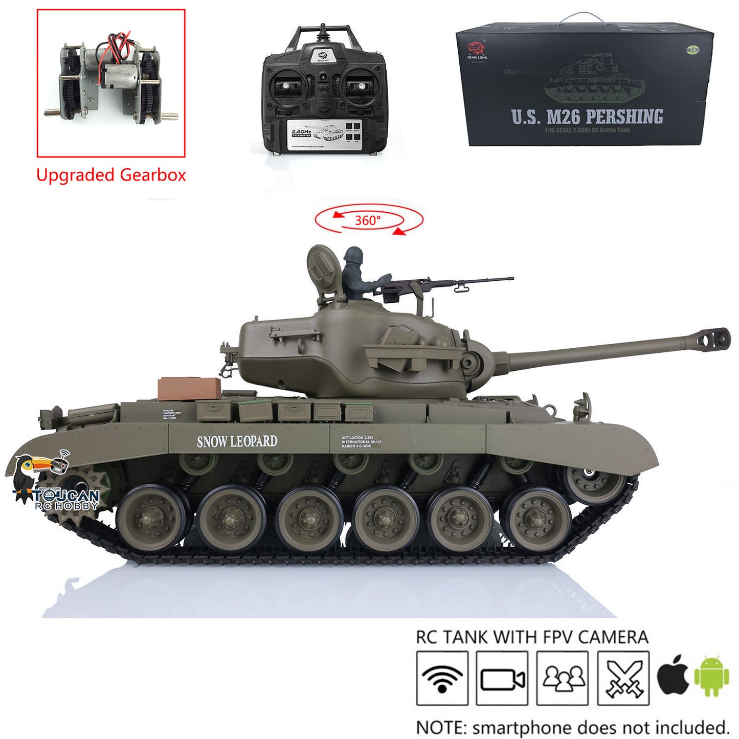 Henglong 1/16 Plastic RC Tank Model 7.0 USA M26 Pershing 3838 w/ 360 Degrees Rotating Turret Steel Gearbox Barrel Recoil FPV w/ Holder