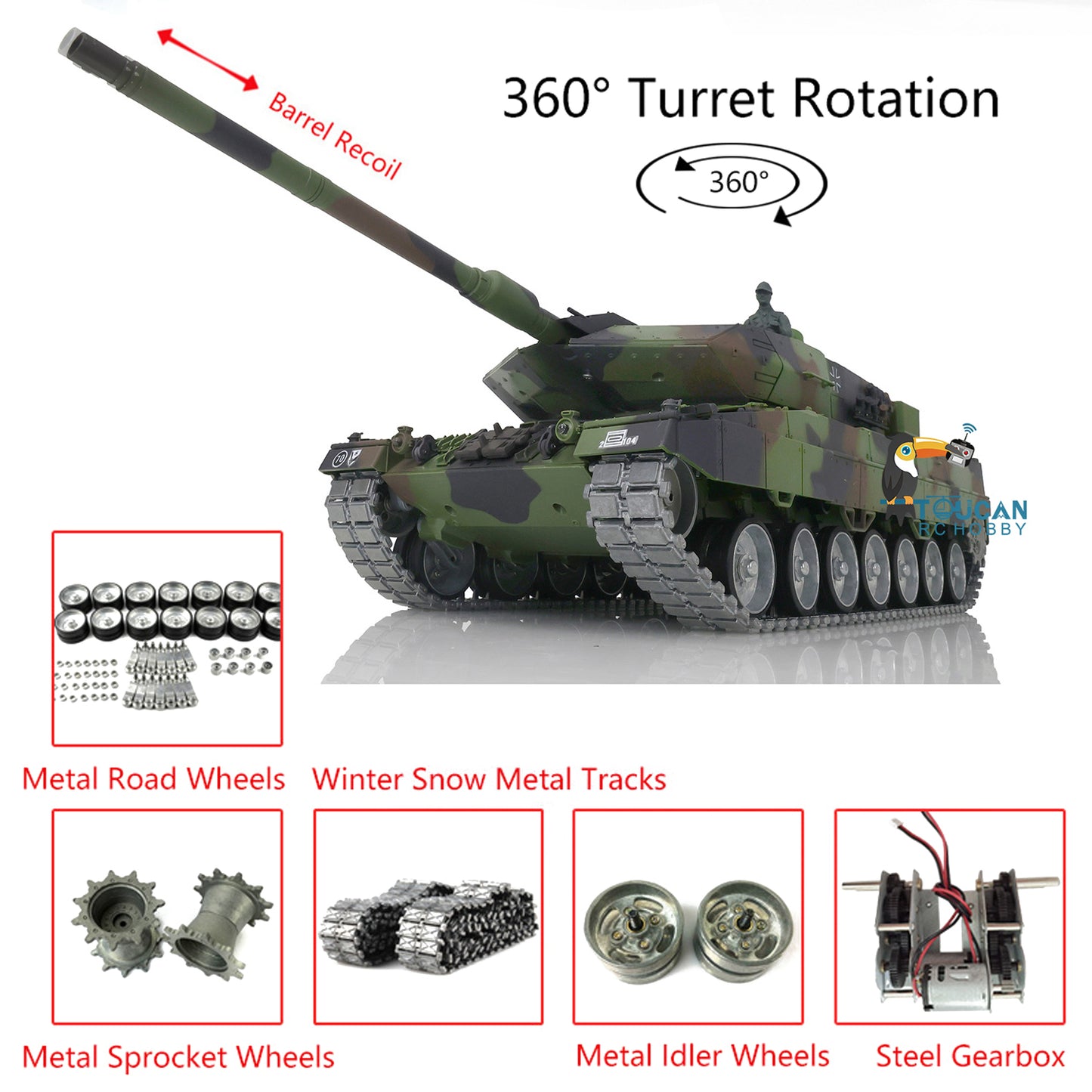 Heng Long Remote Control Tank Model 1/16 TK7.0 Leopard2A6 3889 Metal Track W/ Linkages Driving Gearbox 360 Rotating Turret