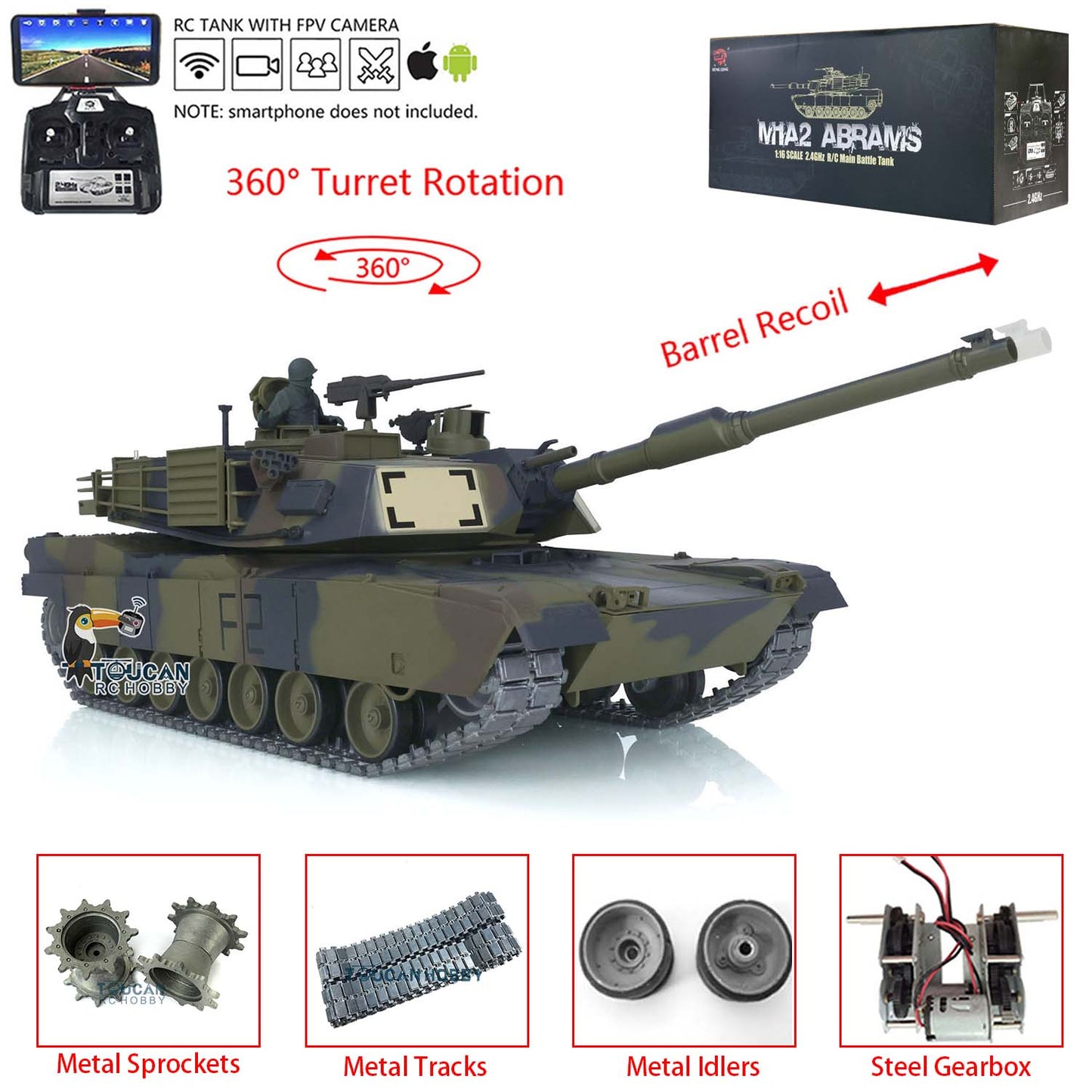 Henglong 1:16 Scale 7.0 Upgrade Edition M1A2 Abrams RTR RC Tank 3918 360 Degrees Turret Barrel Recoil Metal Tracks Idlers FPV