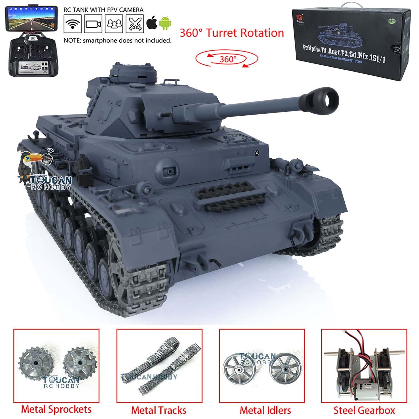 Henglong 1/16 TK7.0 Upgraded Panzer IV F2 Radio Control Tank 3859 w/ FPV 360 Degrees Rotating Turret Metal Idler Sprocket Engine Sound