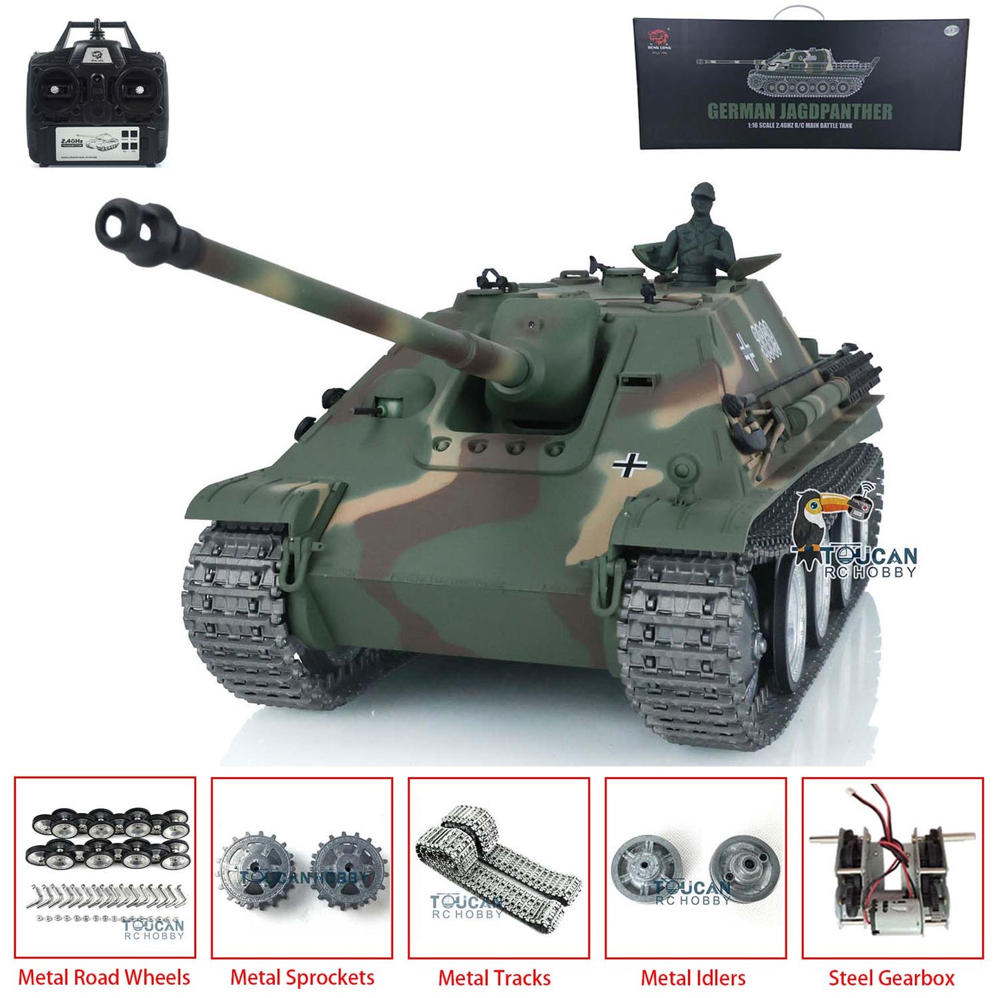 Henglong 1/16 TK7.0 Customized Radio Control Tank 3869 Jadpanther RTR RC Tank w/ Metal Road Wheel Tracks Idler Sprocket Wheel Smoking