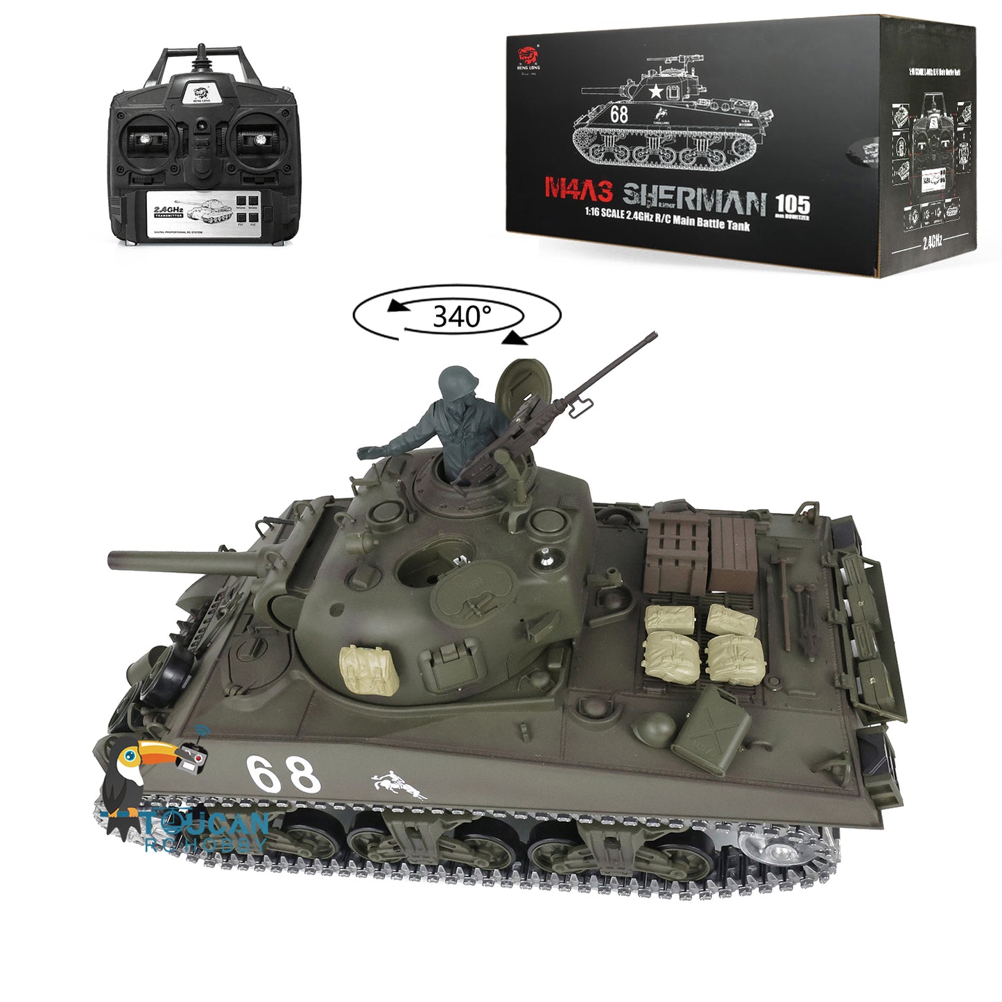 2.4G Henglong 1/16 Scale 7.0 Upgraded M4A3 Sherman RTR Radio Control Tank Model 3898 Metal Tracks Engine Sound BB Shooting Gearbox