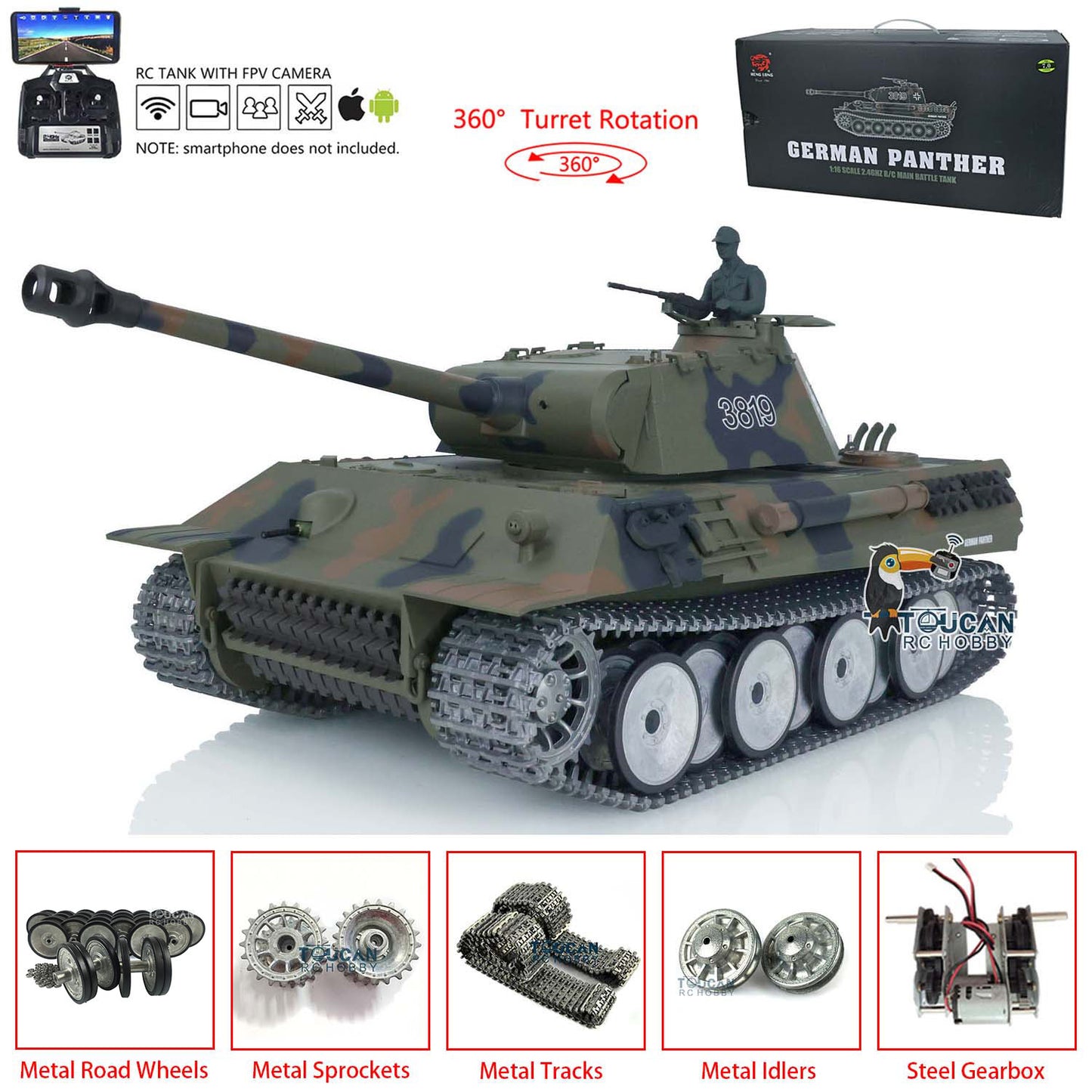 Henglong 1/16 TK7.0 RC Tank Model Panther 3819 w/ FPV 360 Degrees Rotating Turret Metal Tracks Road Wheels Engine Sound Smoking