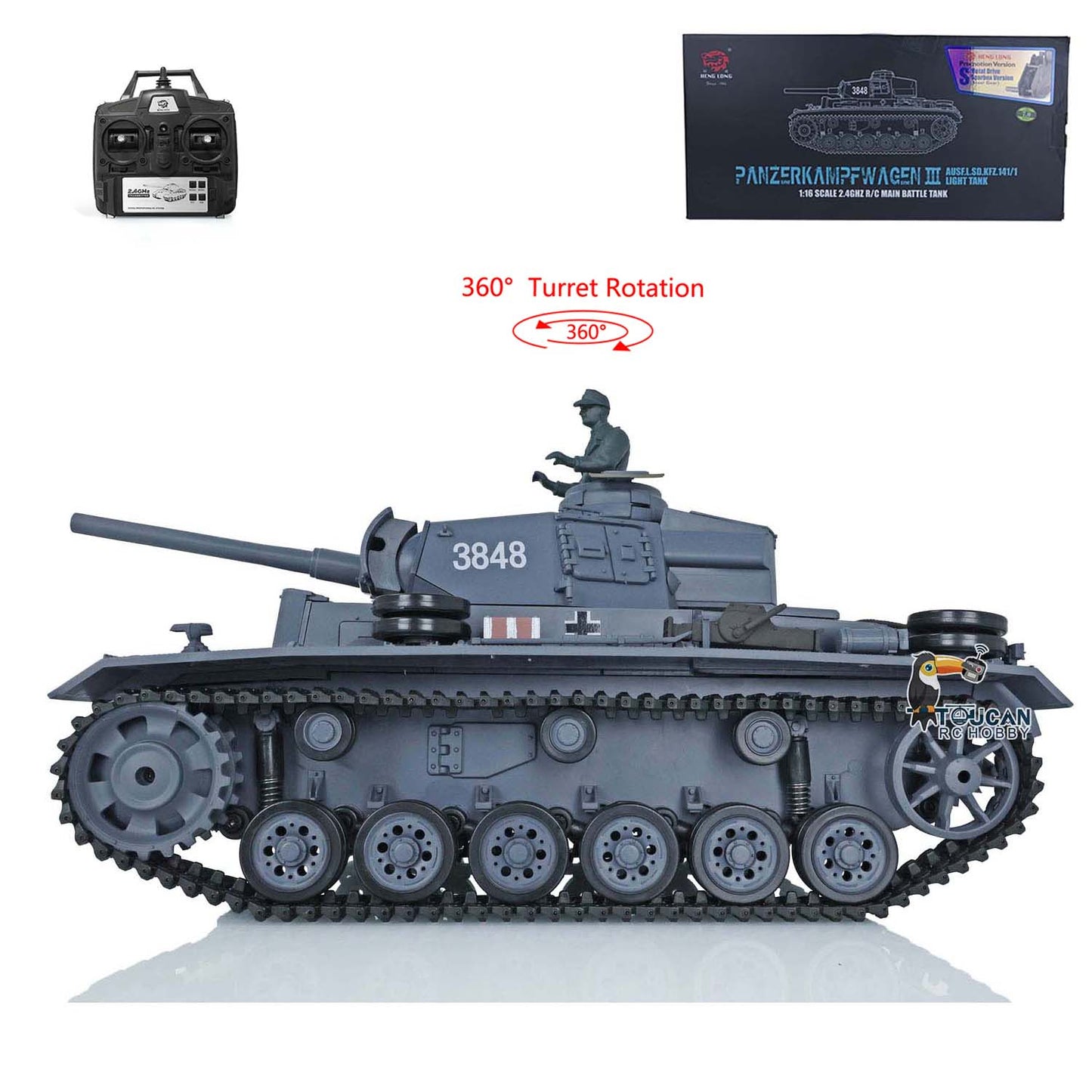 Henglong 1/16 Radio Control Tank Plastic Panzer III L TK7.0 Tank 3848 RC Tank w/ 360 Degrees Rotating Turret Gearbox Engine Sound