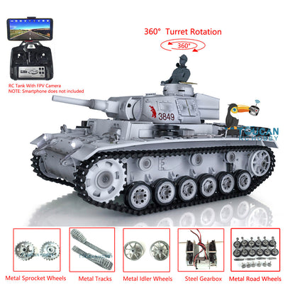 Henglong 1/16 7.0 Main Board Customized Version German Panzer III H RTR RC Tank 3849 With Fist Person View System Metal Tracks Wheels