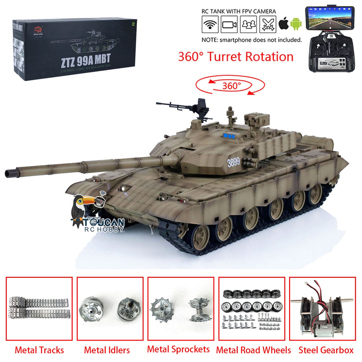 Henglong 1/16 7.0 99A FPV RC Panzer Remote Controlled Tank 3899A 360 Turret Metal Tracks Wheels Hobby Model For Collection