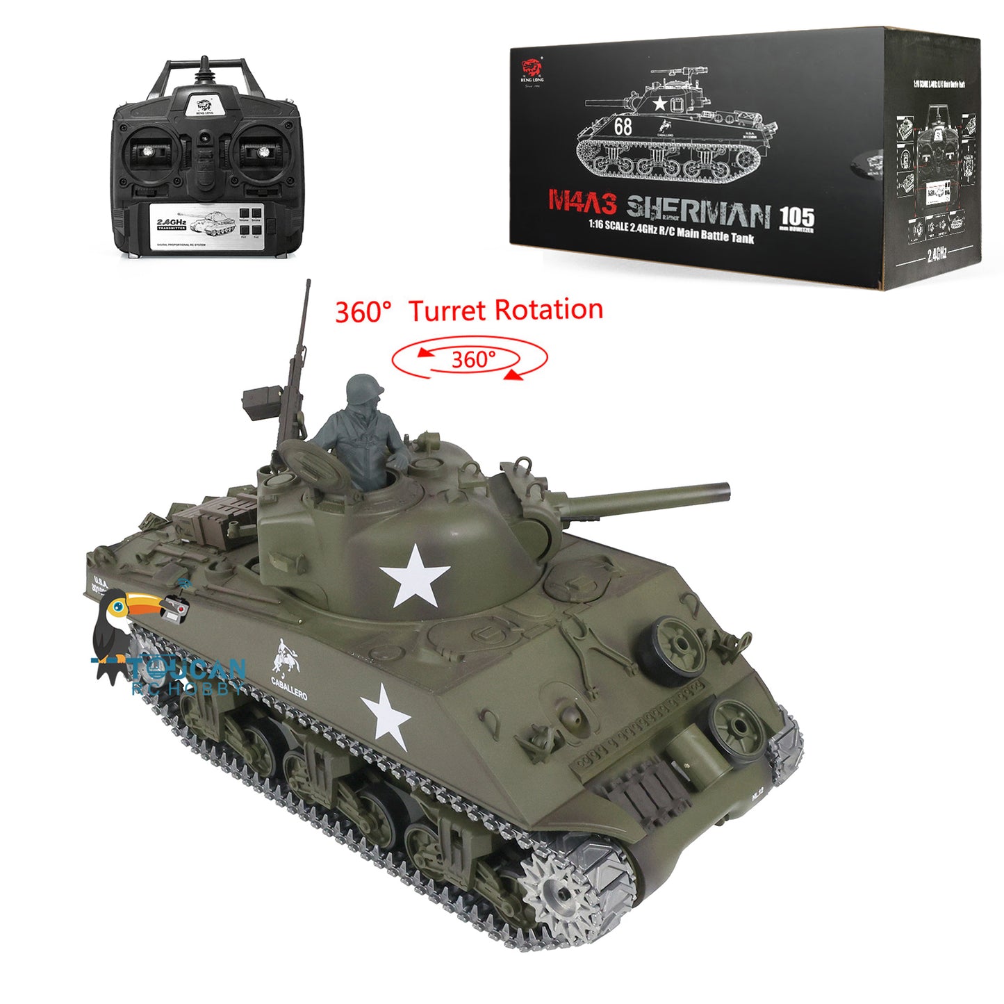 Henglong 1/16 TK7.0 Upgraded M4A3 Sherman Remote Control Tank 3898 W/ 360 Degrees Rotating Turret Metal Tracks Idler Sprocket Wheel