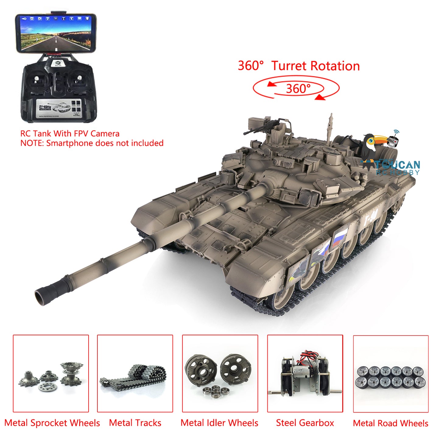 Henglong 7.0 Professional Edition Russian T90 1/16 RTR RC Tank 3938 Model 360 Degrees Turret Metal Tracks Wheels BB Shooting Unit