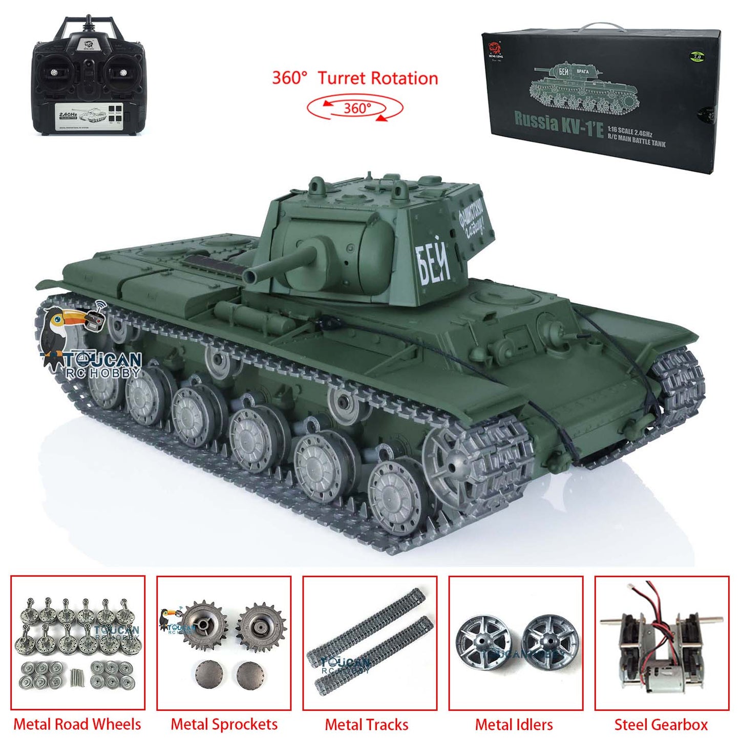 Henglong 1/16 TK7.0 RC Tank 3878 Customized Soviet KV-1 w/ 360 Degrees Rotating Turret Metal Tracks Road Wheels Tracks Sprocket Wheel