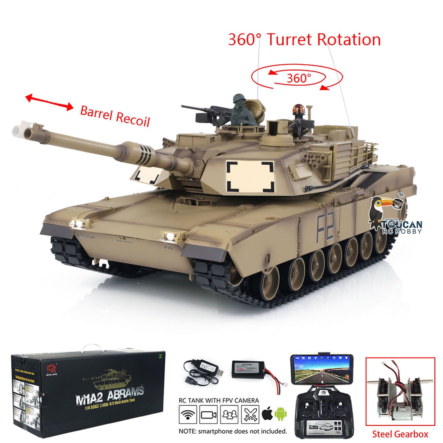 Henglong 1/16 7.0 USA M1A2 Abrams RTR RC Tank Model 3918 Barrel Recoil 360 Degrees Turret Steel Gearbox First Person View