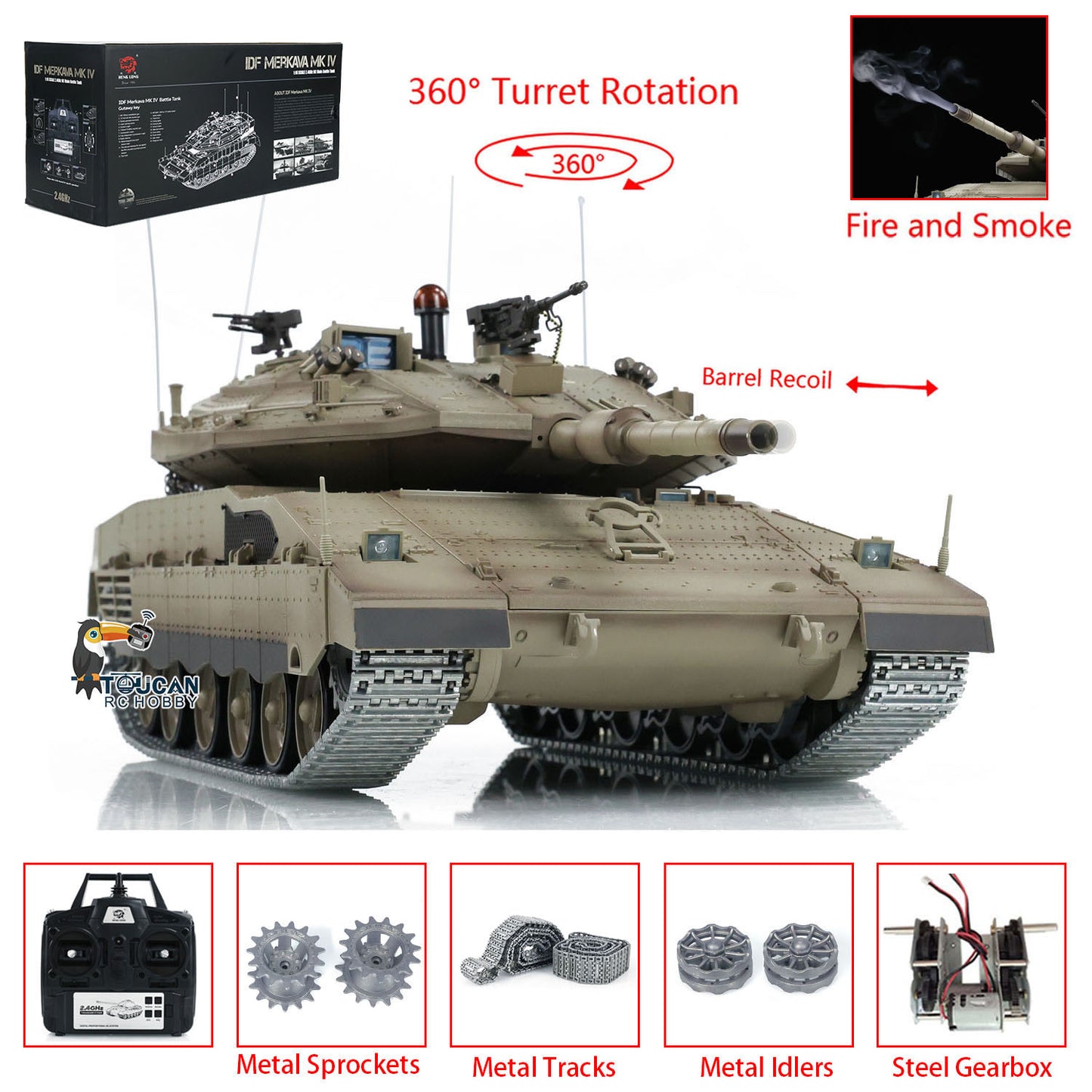 Heng Long RC Tanks Model 1/16 Scale IDF Merkava MK IV With Airsoft Open Fire Smoking 360 Turret Rotary Recoil Barrel