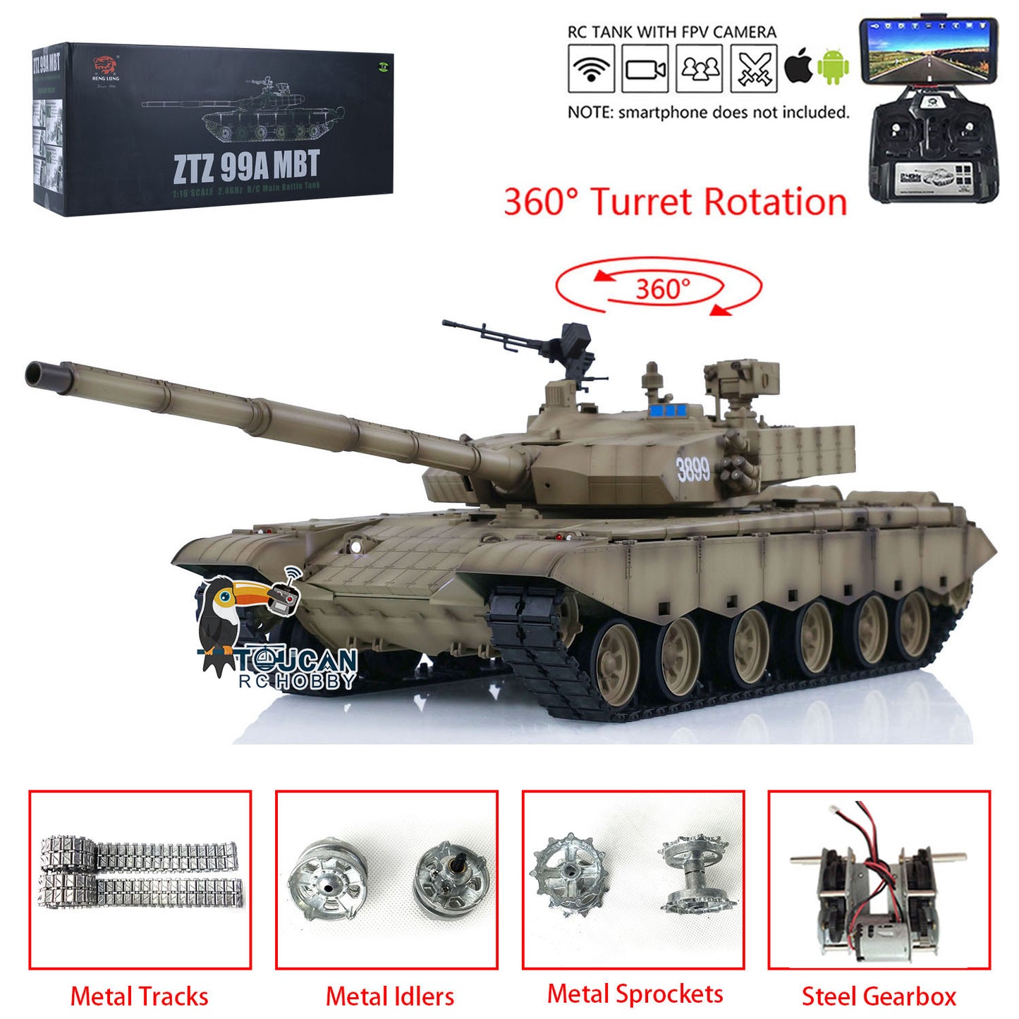 Henglong 1/16 Scale 7.0 Upgraded Chinese 99A FPV RTR RC Tank Model Radio Controlled Panzer 3899A 360 Turret DIY Military Hobby