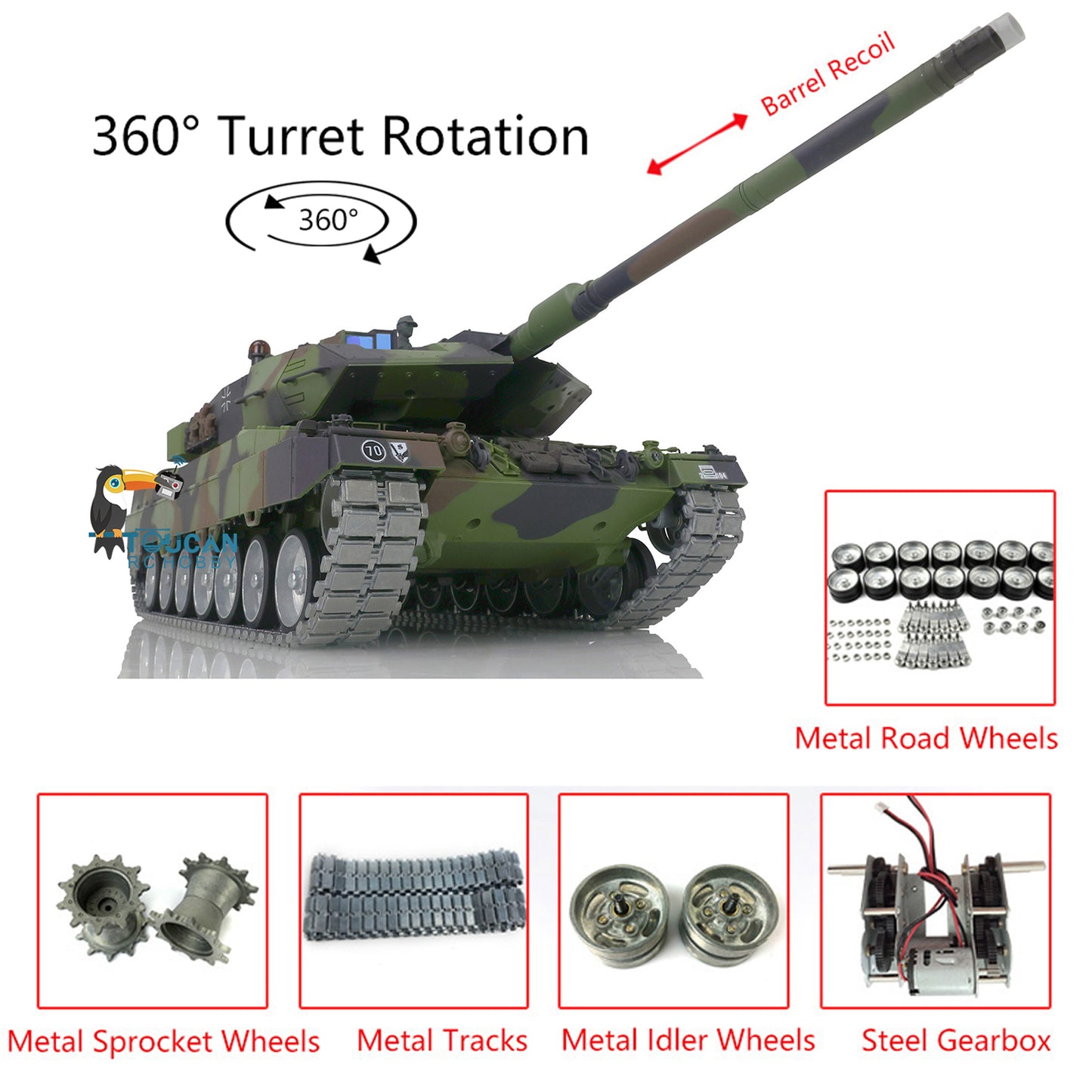 Henglong 1/16 TK7.0 Customized Leopard2A6 RC Tank Model 3889 w/ Metal Tracks Road Wheels 360 Degrees Rotating Turret Engine Sound