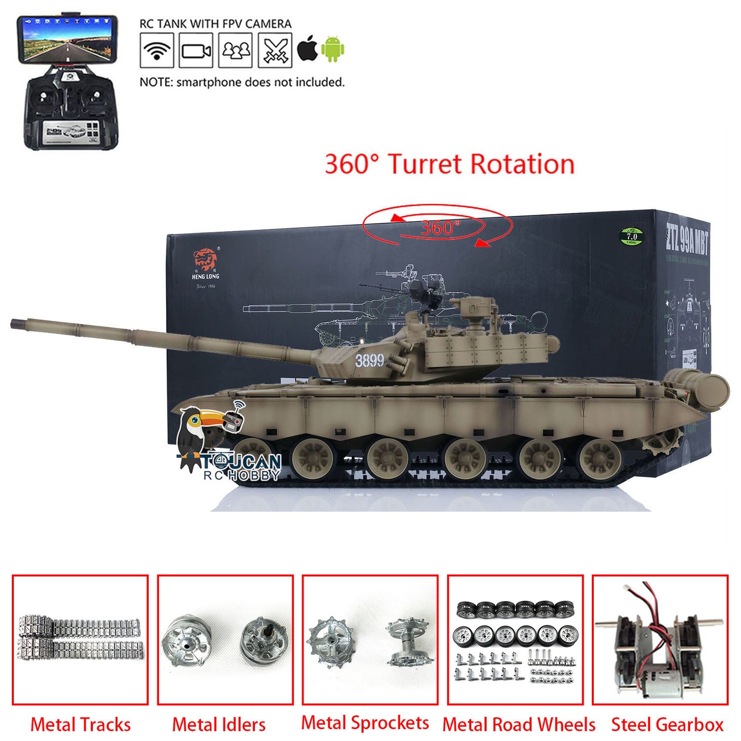 Henglong 1/16 7.0 99A FPV RC Panzer Remote Controlled Tank 3899A 360 Turret Metal Tracks Wheels Hobby Model For Collection