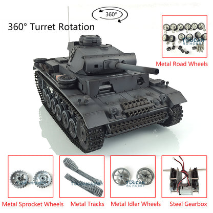 Henglong 1/16 7.0 Customized Panzer III L RTR RC Tank Model 3848 w/ 360 Degrees Rotating Turret Metal Tracks Idler Sprocket Road Wheels