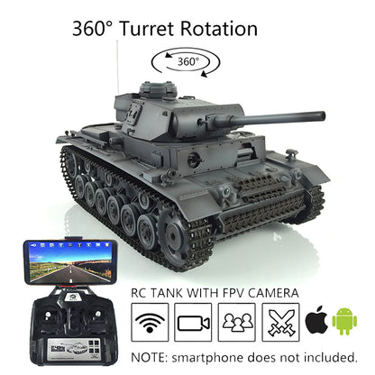 Henglong 1/16 RC Tank Upgraded German Tank 3848 TK7.0 Panzer III L Radio Control Tank w/ 360 Degrees Rotating Turret FPV 2 Sounds