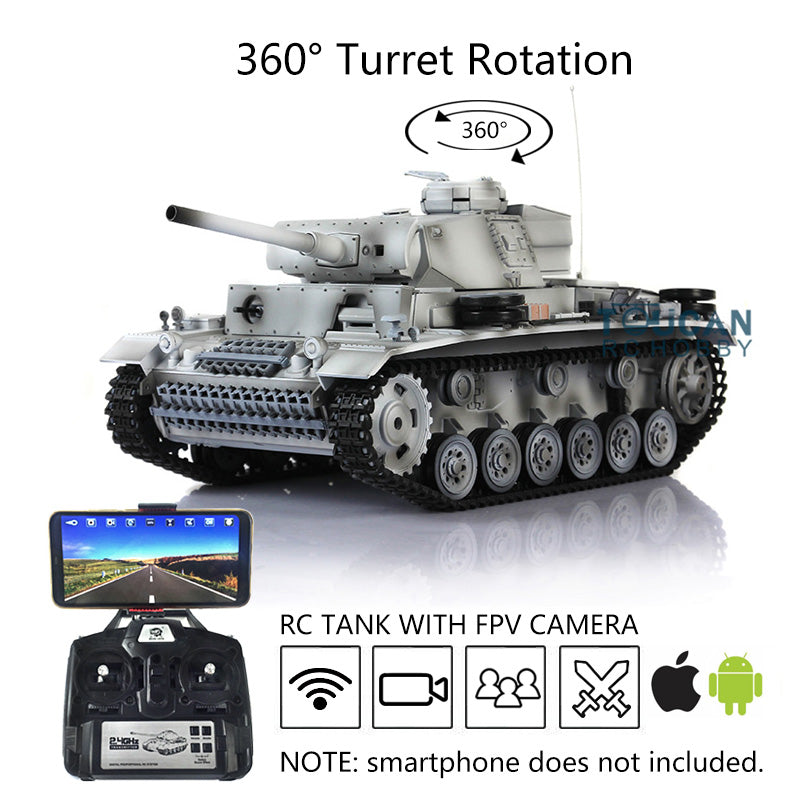 Henglong 1/16 RTR RC Tank 3848 TK7.0 Customized Panzer III L 360 Degrees Rotating Turret FPV Metal Tracks Road Wheels Smoking Gearbox