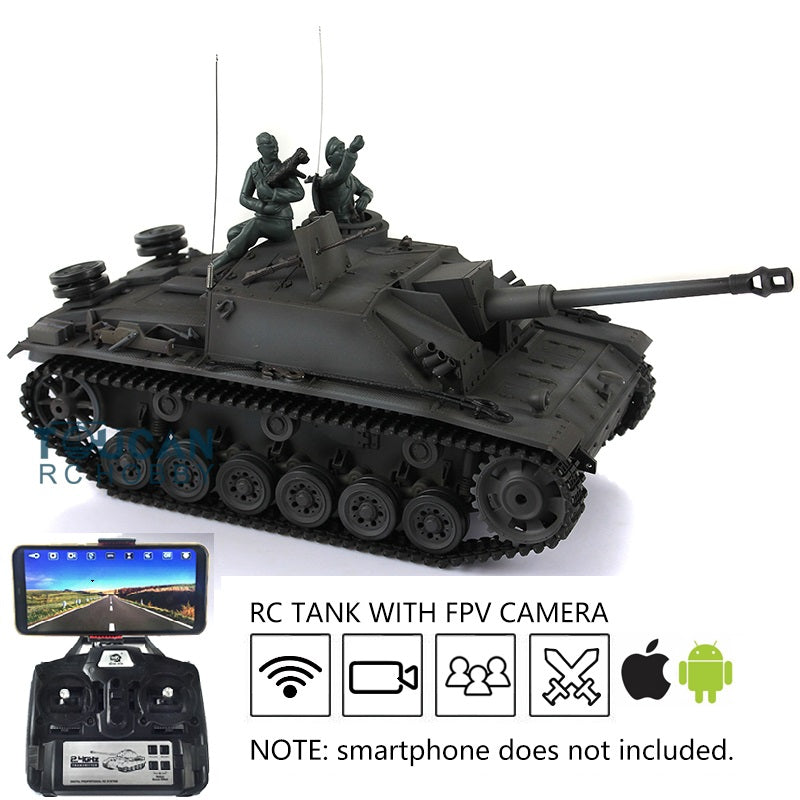 Henglong 1/16 Upgraded 3868 RC Tank Model 7.0 German Stug III w/ FPV Camera Phone Holder Metal Tracks Idler Sprocket Wheels Smoking