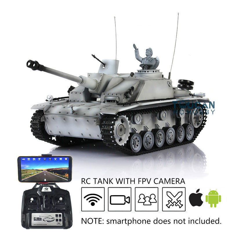 Henglong 1/16 Upgraded 3868 RC Tank Model 7.0 German Stug III w/ FPV Camera Phone Holder Metal Tracks Idler Sprocket Wheels Smoking