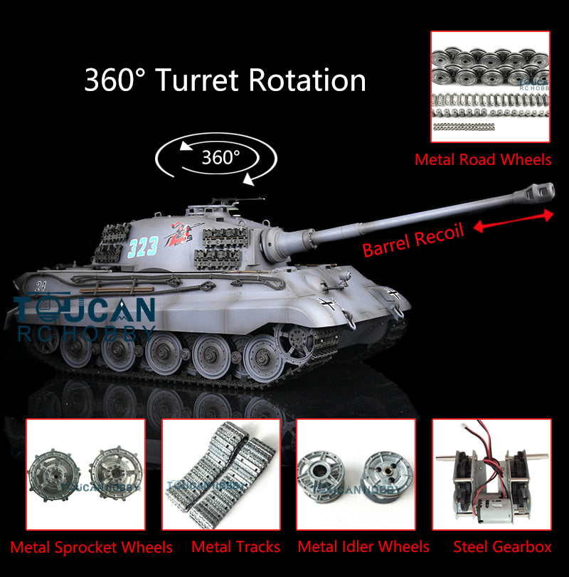 Henglong 1/16 RC Tank 3888A TK7.0 King Tiger Remote Control Tank w/ 360 Degrees Rotating Turret Metal Road Wheel Engine Sound