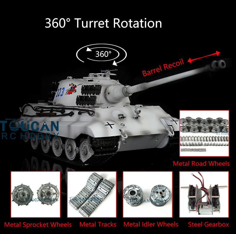 Henglong 1/16 RC Tank 3888A TK7.0 King Tiger Remote Control Tank w/ 360 Degrees Rotating Turret Metal Road Wheel Engine Sound